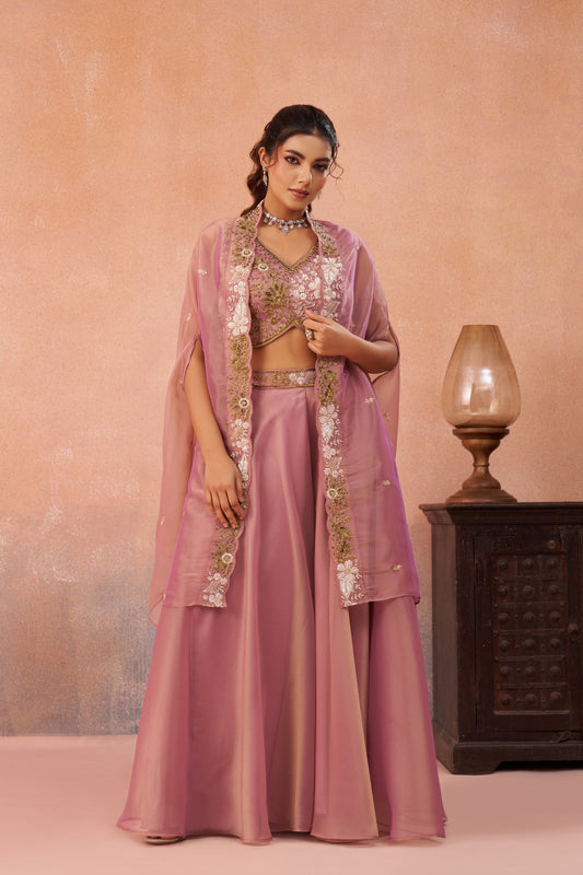 Pink Tissue Beads Embroidered Crop Top with Flared Palazzo Set for Sangeet