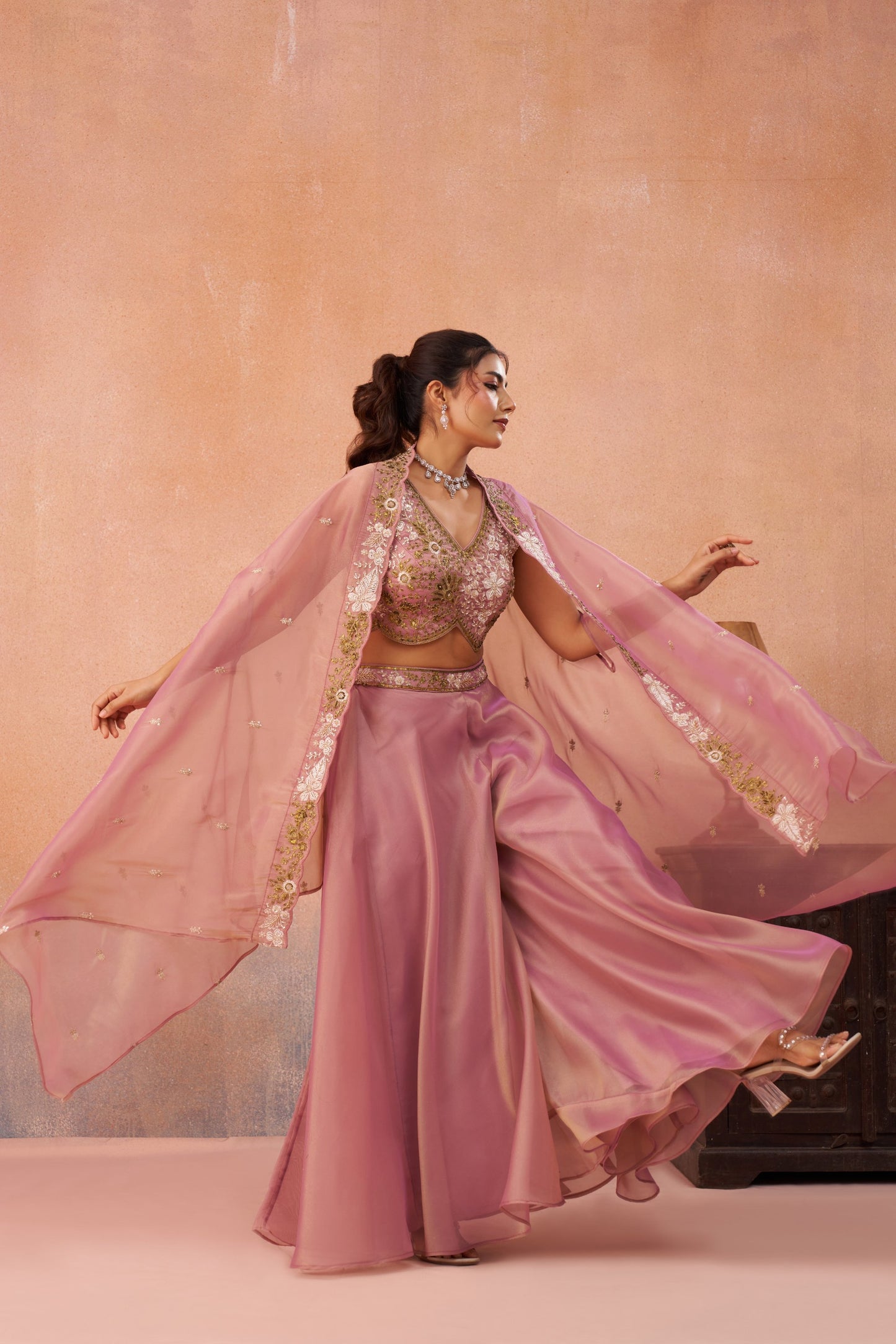Pink Tissue Beads Embroidered Crop Top with Flared Palazzo Set for Sangeet