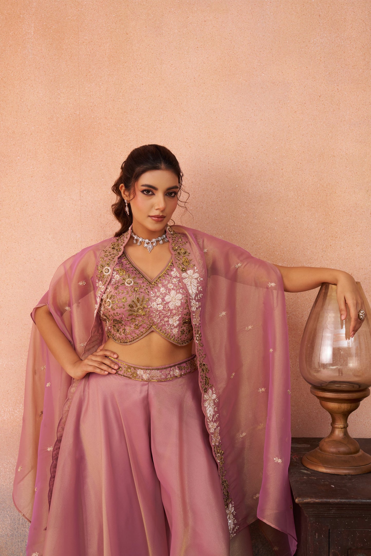 Pink Tissue Beads Embroidered Crop Top with Flared Palazzo Set for Sangeet