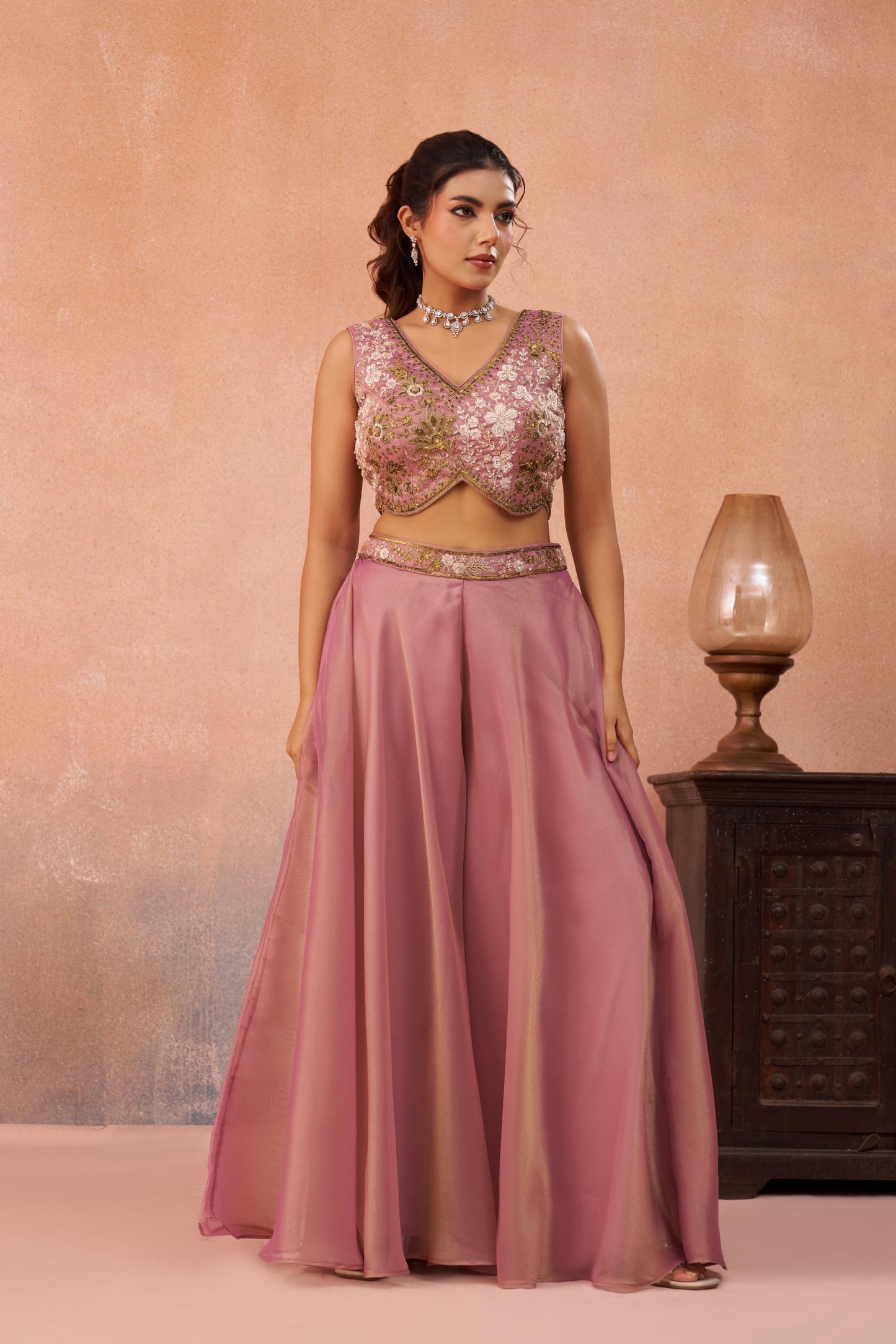 Pink Tissue Beads Embroidered Crop Top with Flared Palazzo Set for Sangeet