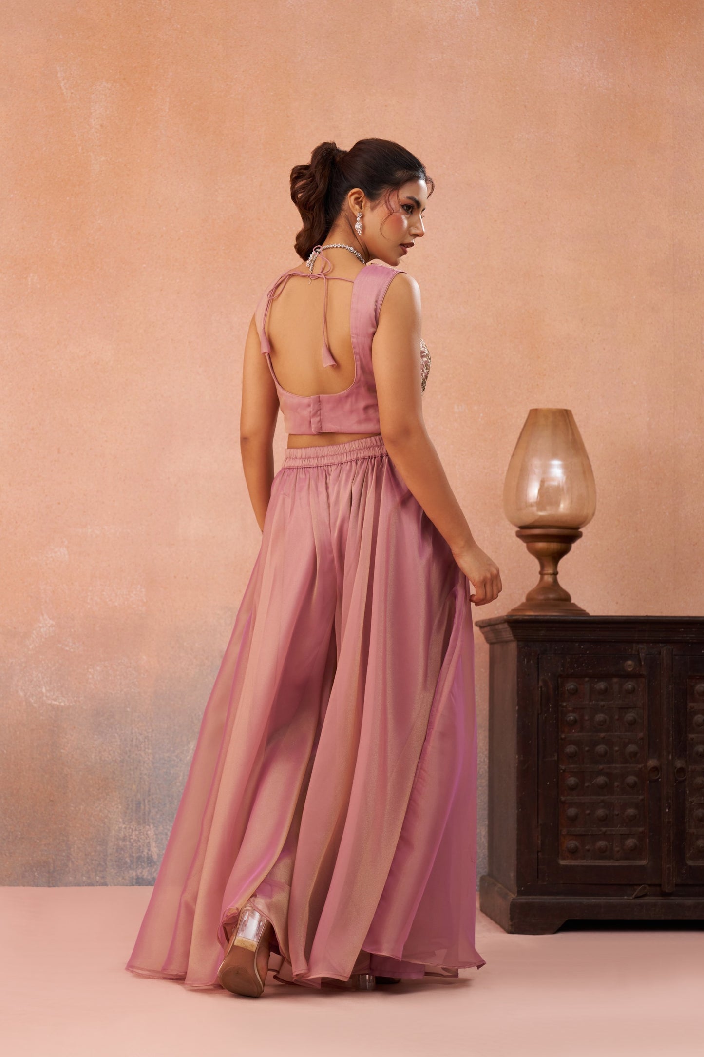 Pink Tissue Beads Embroidered Crop Top with Flared Palazzo Set for Sangeet