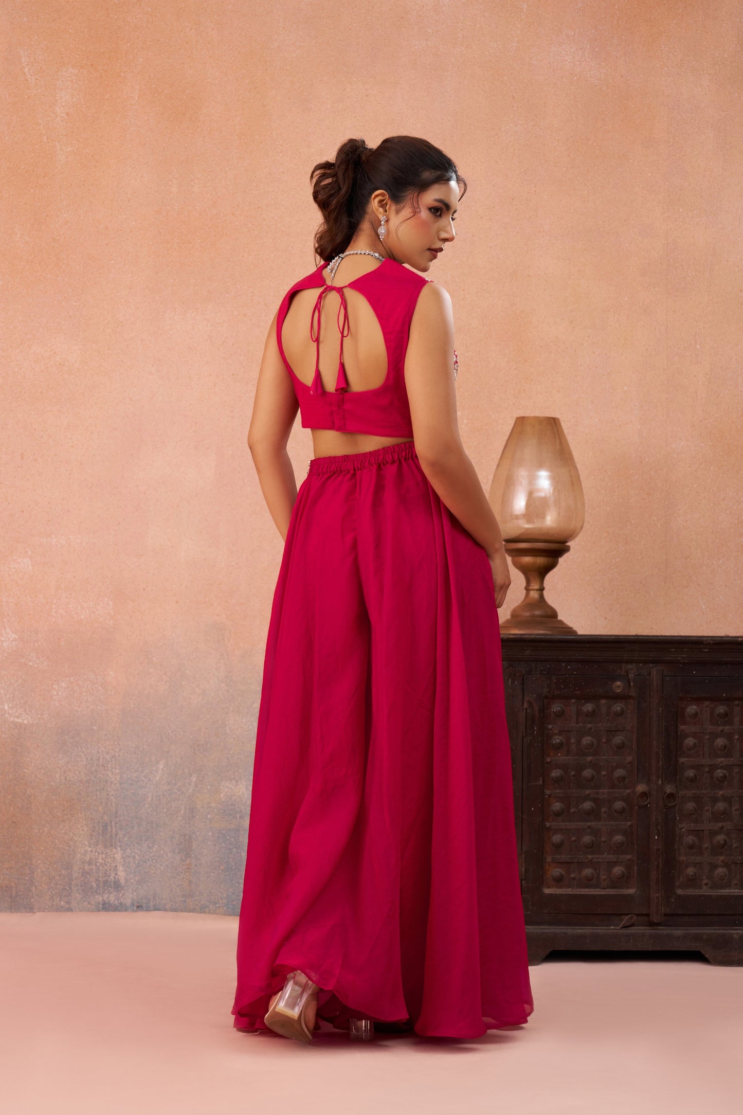 Pink Organza Beads Embroidered Crop Top with Flared Palazzo Set for Sangeet