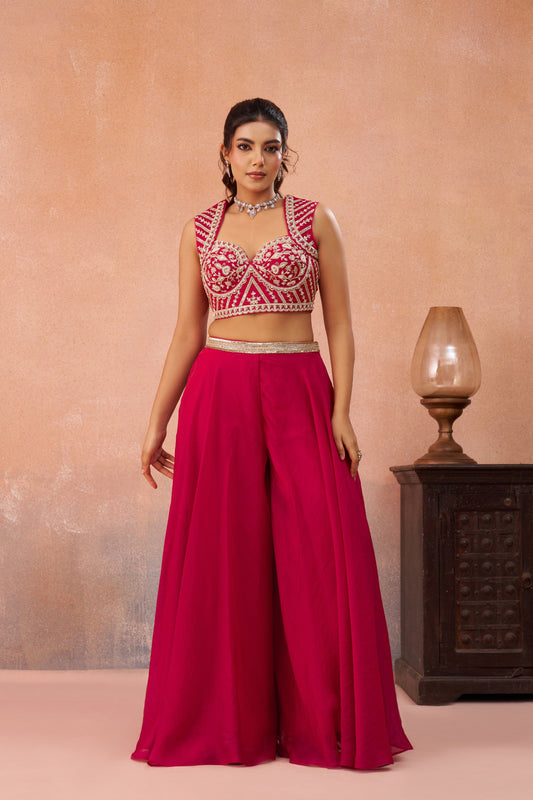 Pink Organza Beads Embroidered Crop Top with Flared Palazzo Set for Sangeet