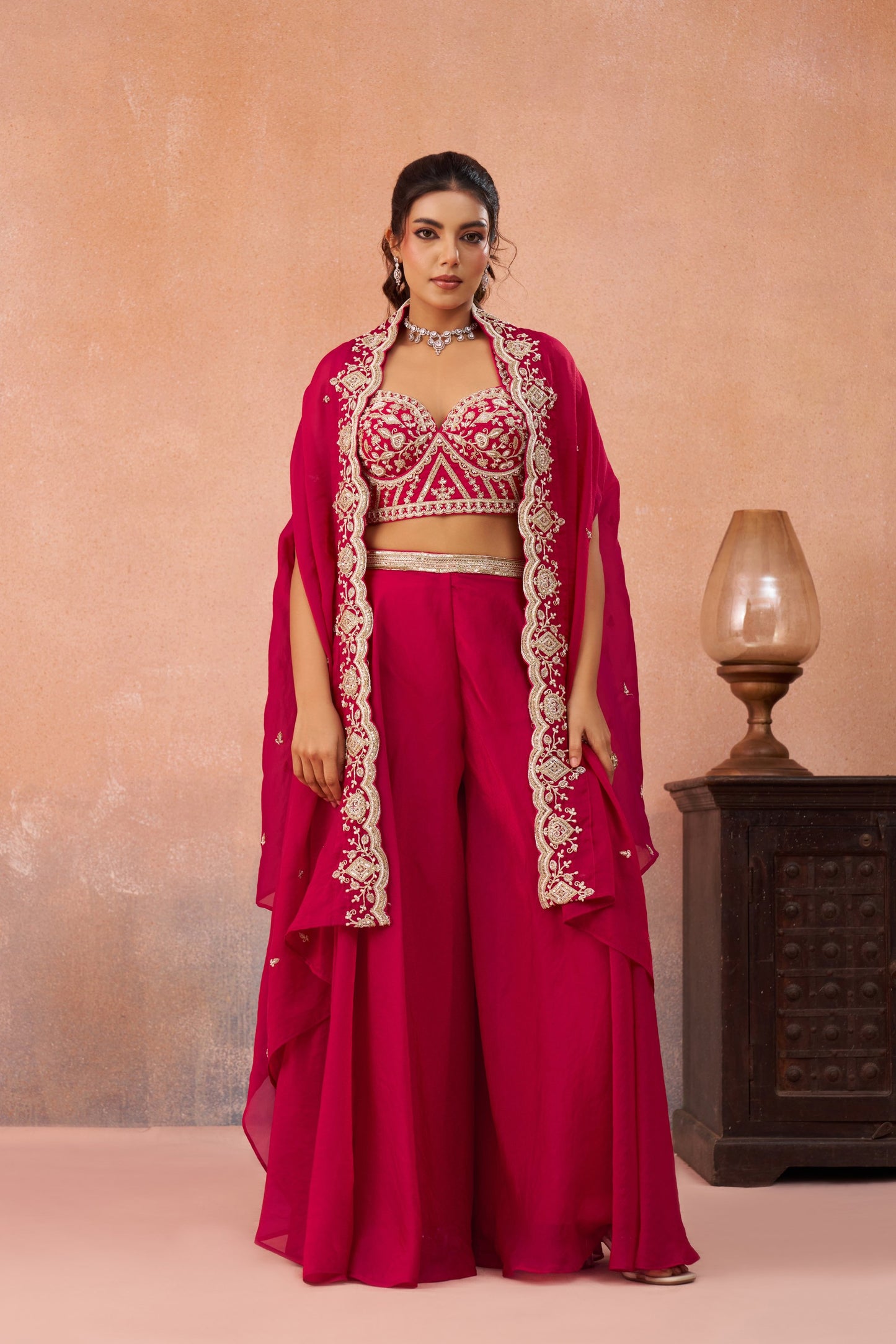 Pink Organza Beads Embroidered Crop Top with Flared Palazzo Set for Sangeet