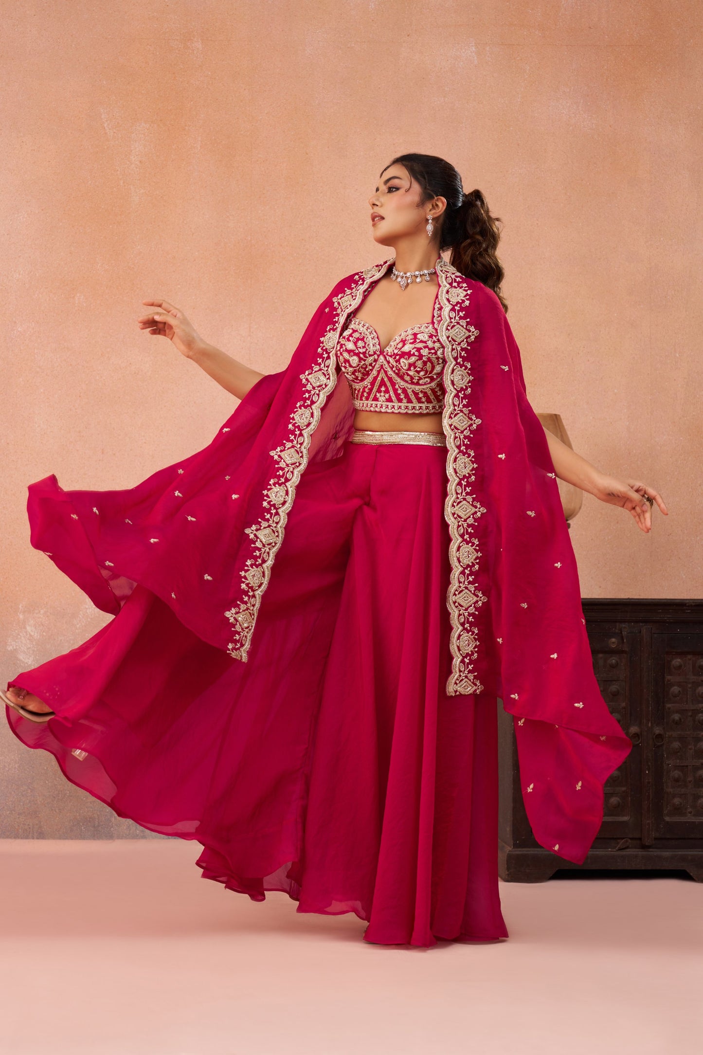 Pink Organza Beads Embroidered Crop Top with Flared Palazzo Set for Sangeet