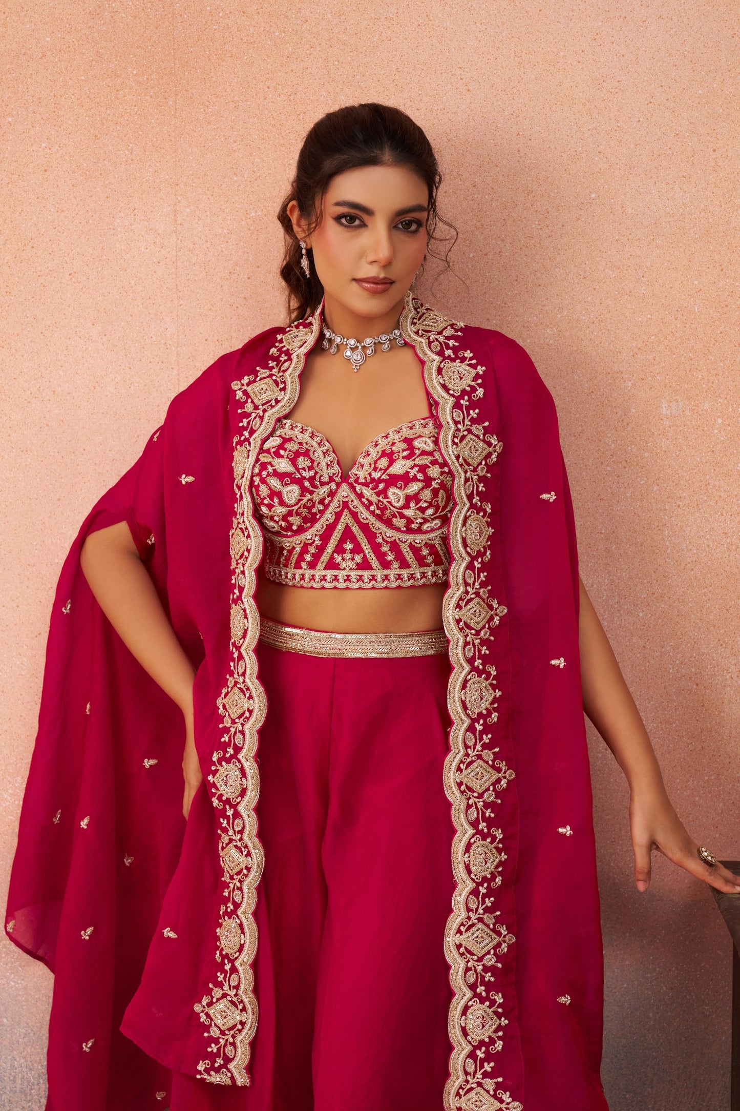 Pink Organza Beads Embroidered Crop Top with Flared Palazzo Set for Sangeet