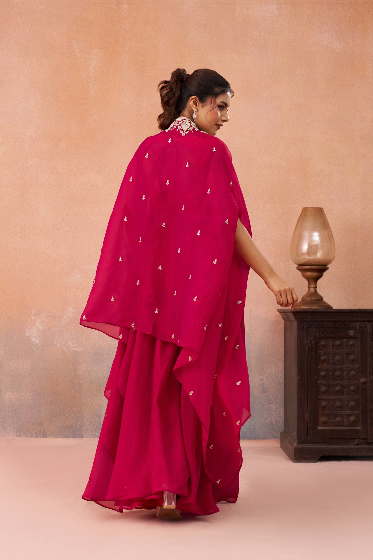 Pink Organza Beads Embroidered Crop Top with Flared Palazzo Set for Sangeet