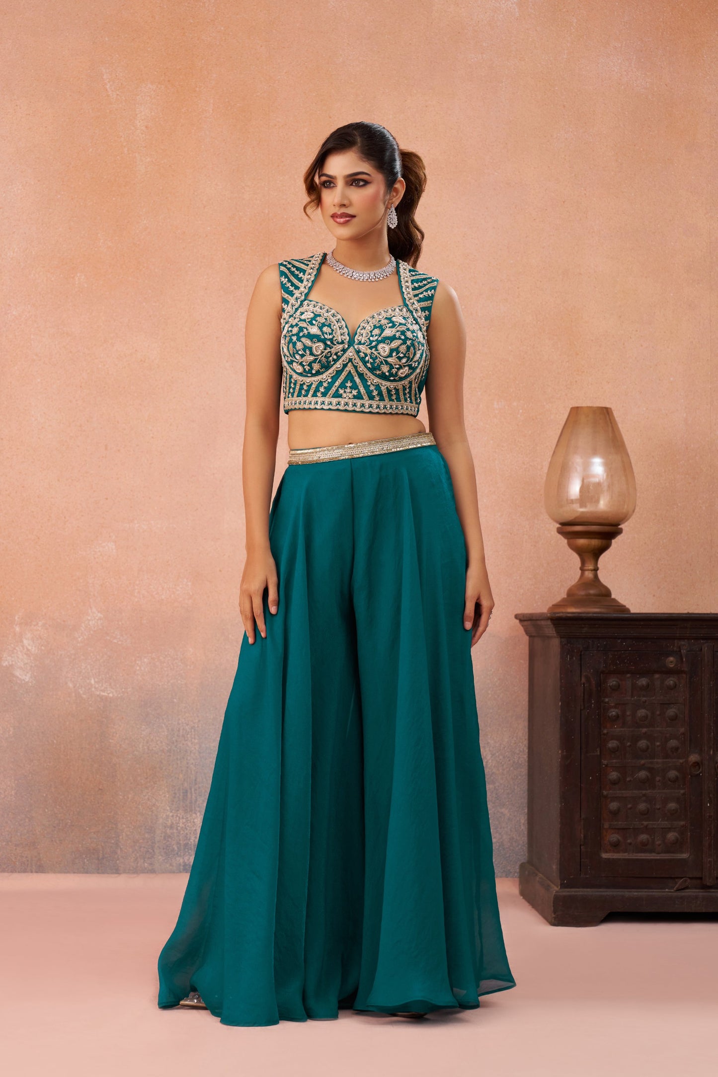 Teal Blue Organza Beads Embroidered Crop Top with Flared Palazzo Set