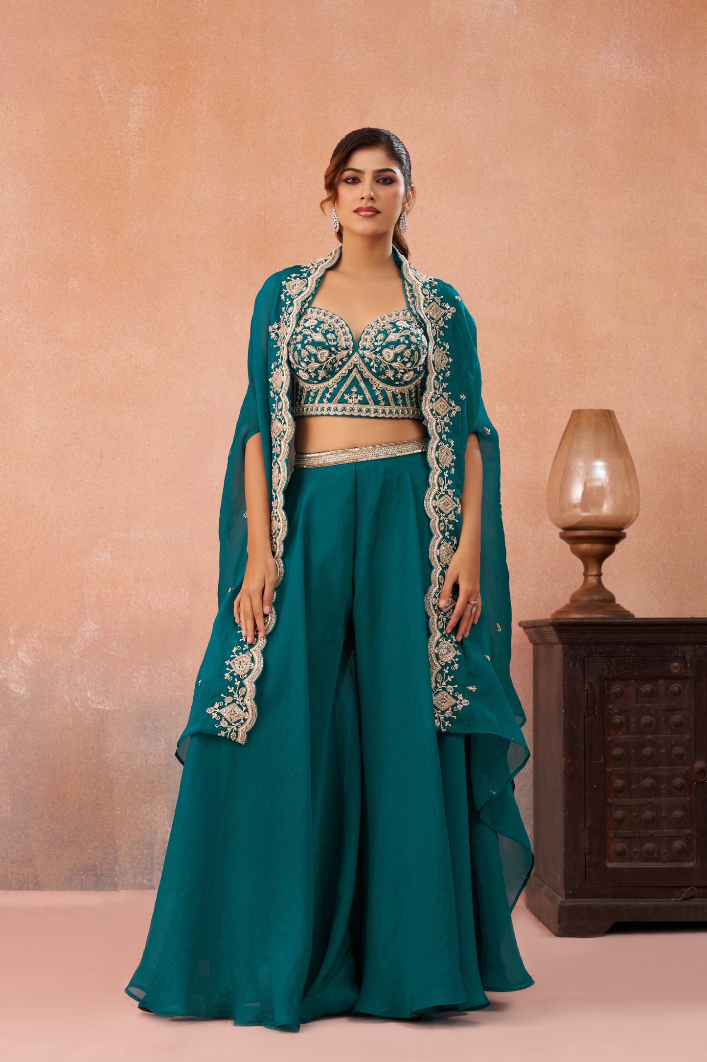 Teal Blue Organza Beads Embroidered Crop Top with Flared Palazzo Set