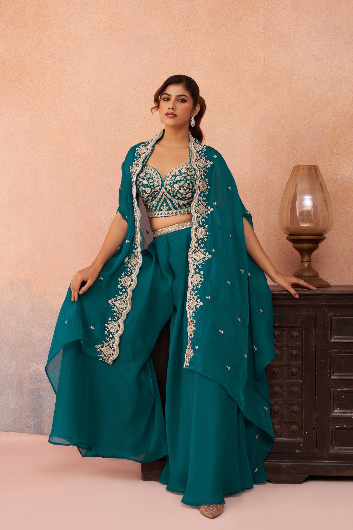 Teal Blue Organza Beads Embroidered Crop Top with Flared Palazzo Set