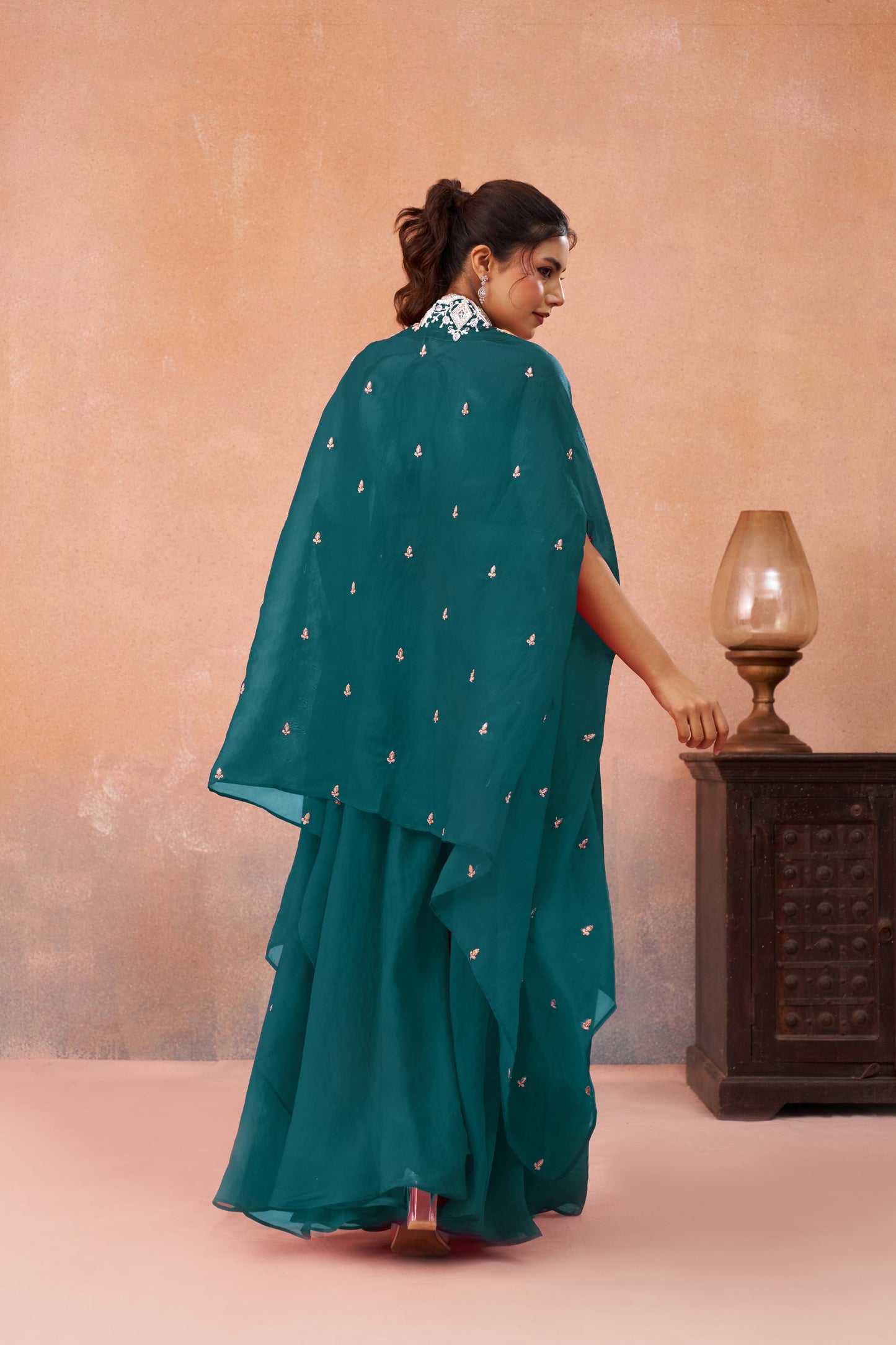 Teal Blue Organza Beads Embroidered Crop Top with Flared Palazzo Set