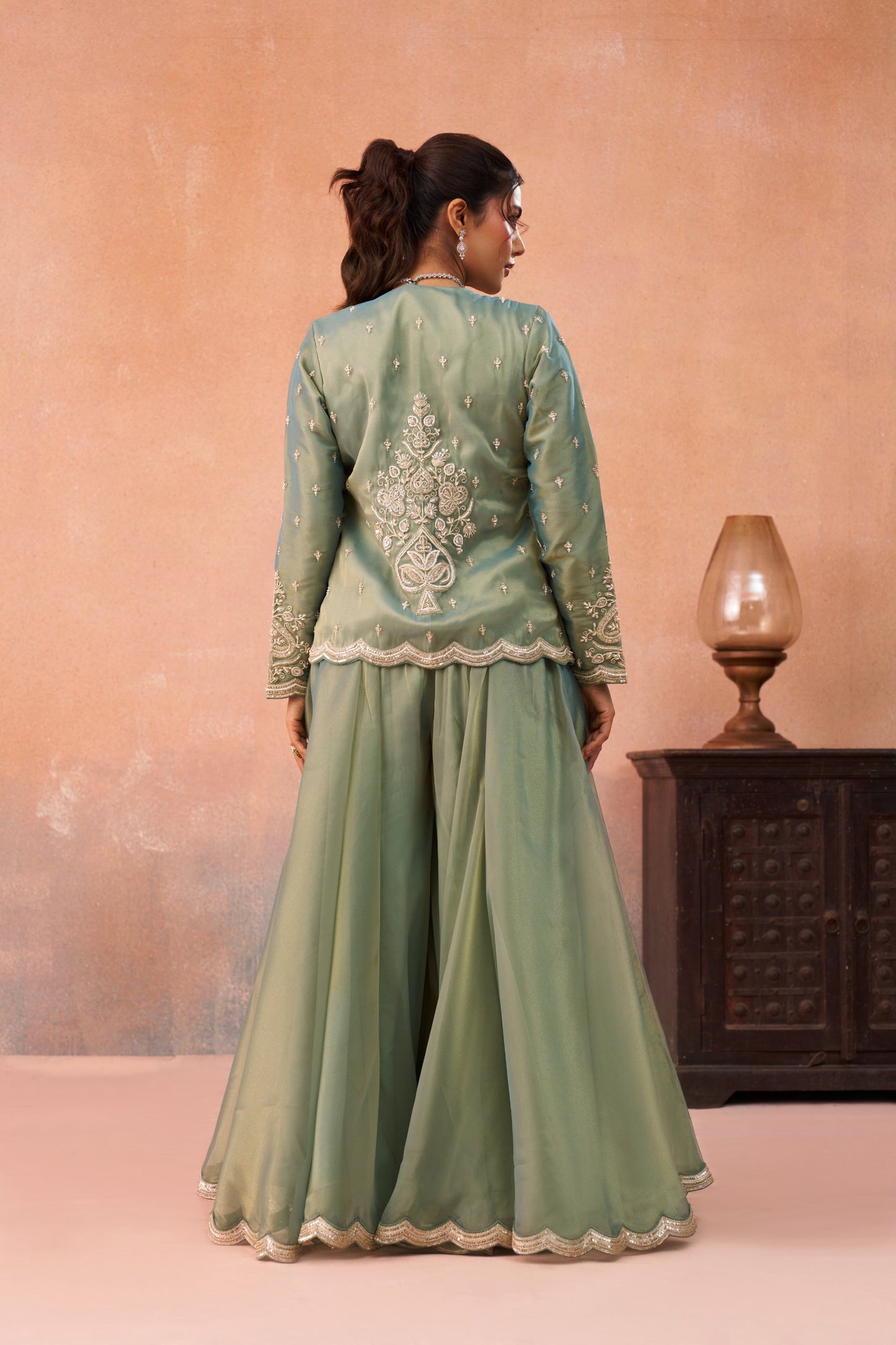 Pista Green Tissue Floral Embroidered Crop Top with Flared Palazzo Set for Mehendi
