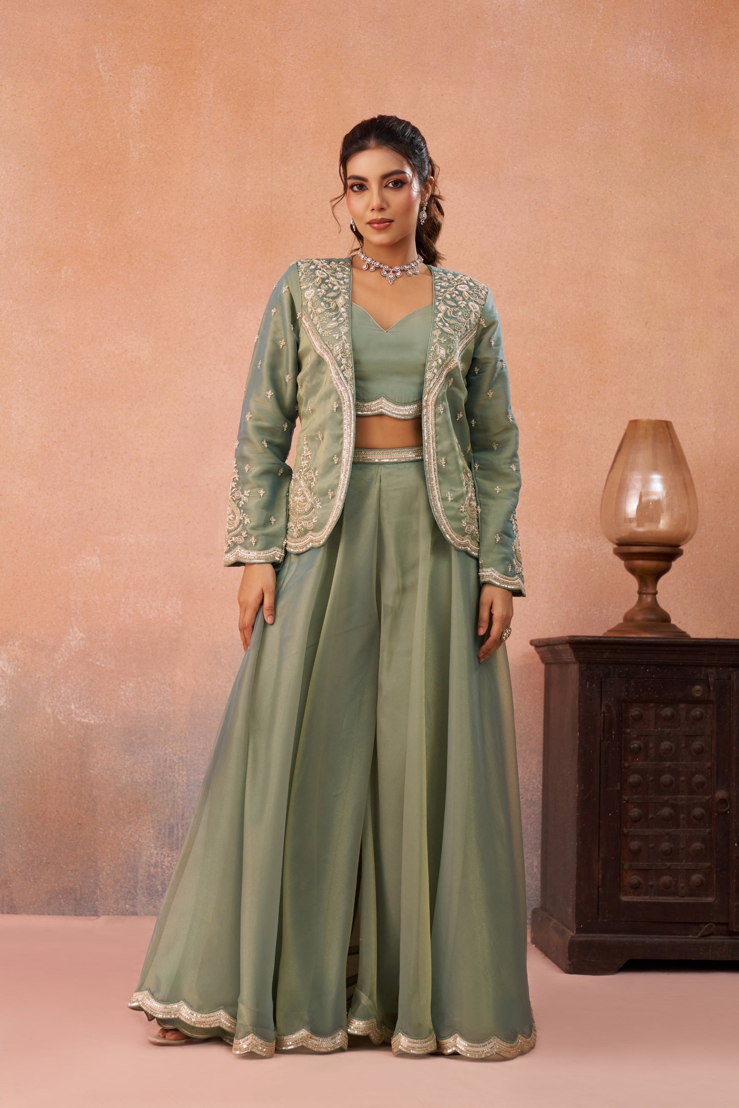 Pista Green Tissue Floral Embroidered Crop Top with Flared Palazzo Set for Mehendi