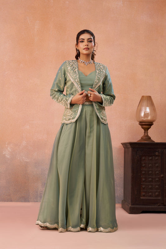 Pista Green Tissue Floral Embroidered Crop Top with Flared Palazzo Set for Mehendi
