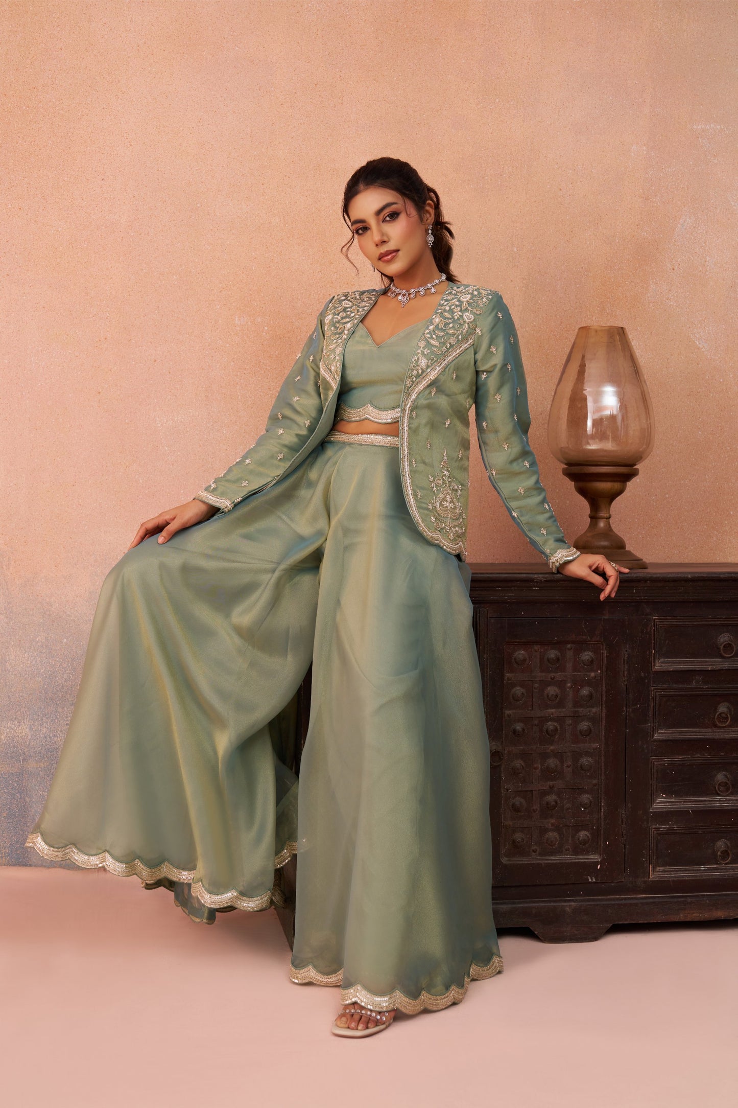 Pista Green Tissue Floral Embroidered Crop Top with Flared Palazzo Set for Mehendi