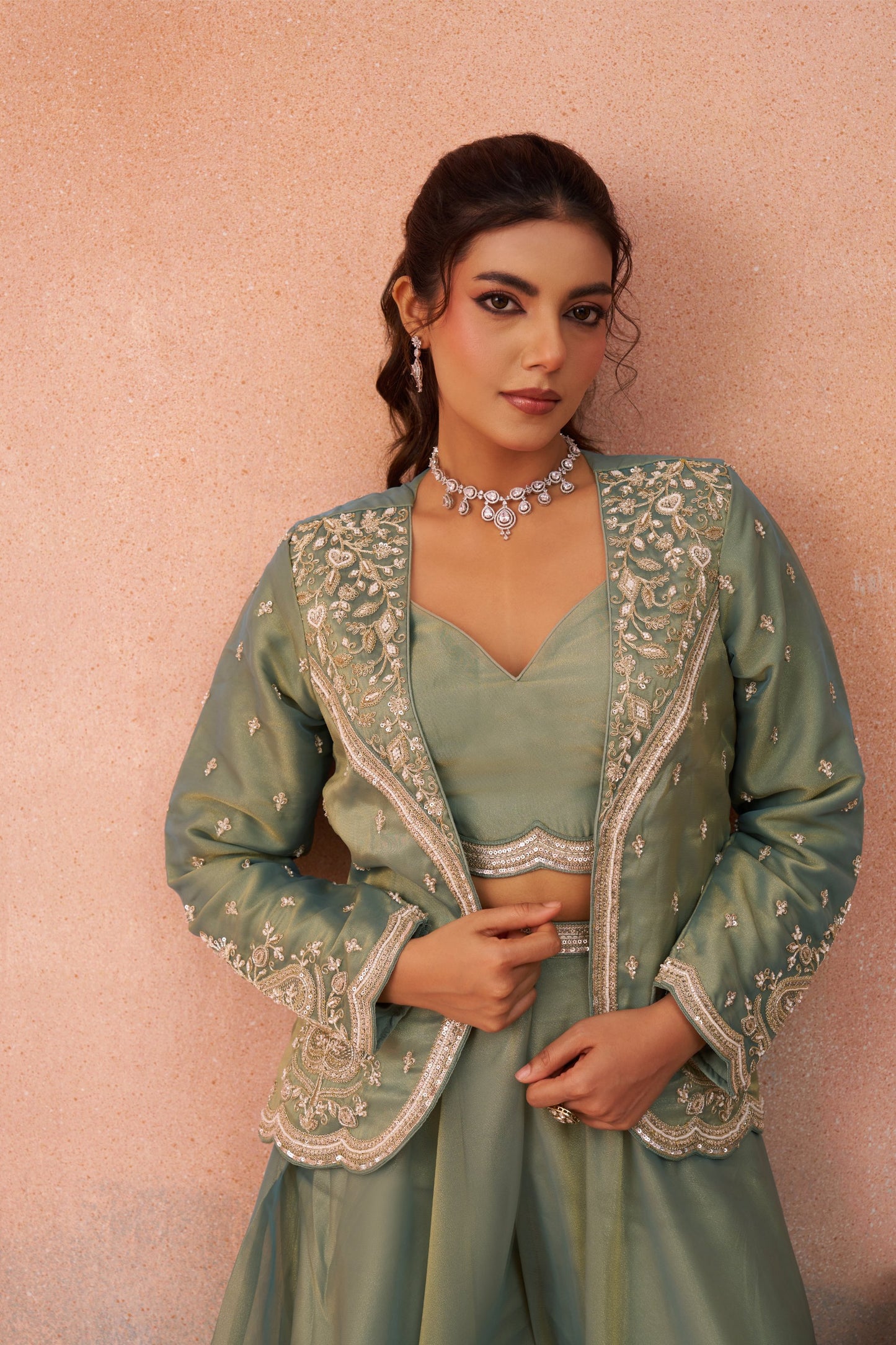 Pista Green Tissue Floral Embroidered Crop Top with Flared Palazzo Set for Mehendi