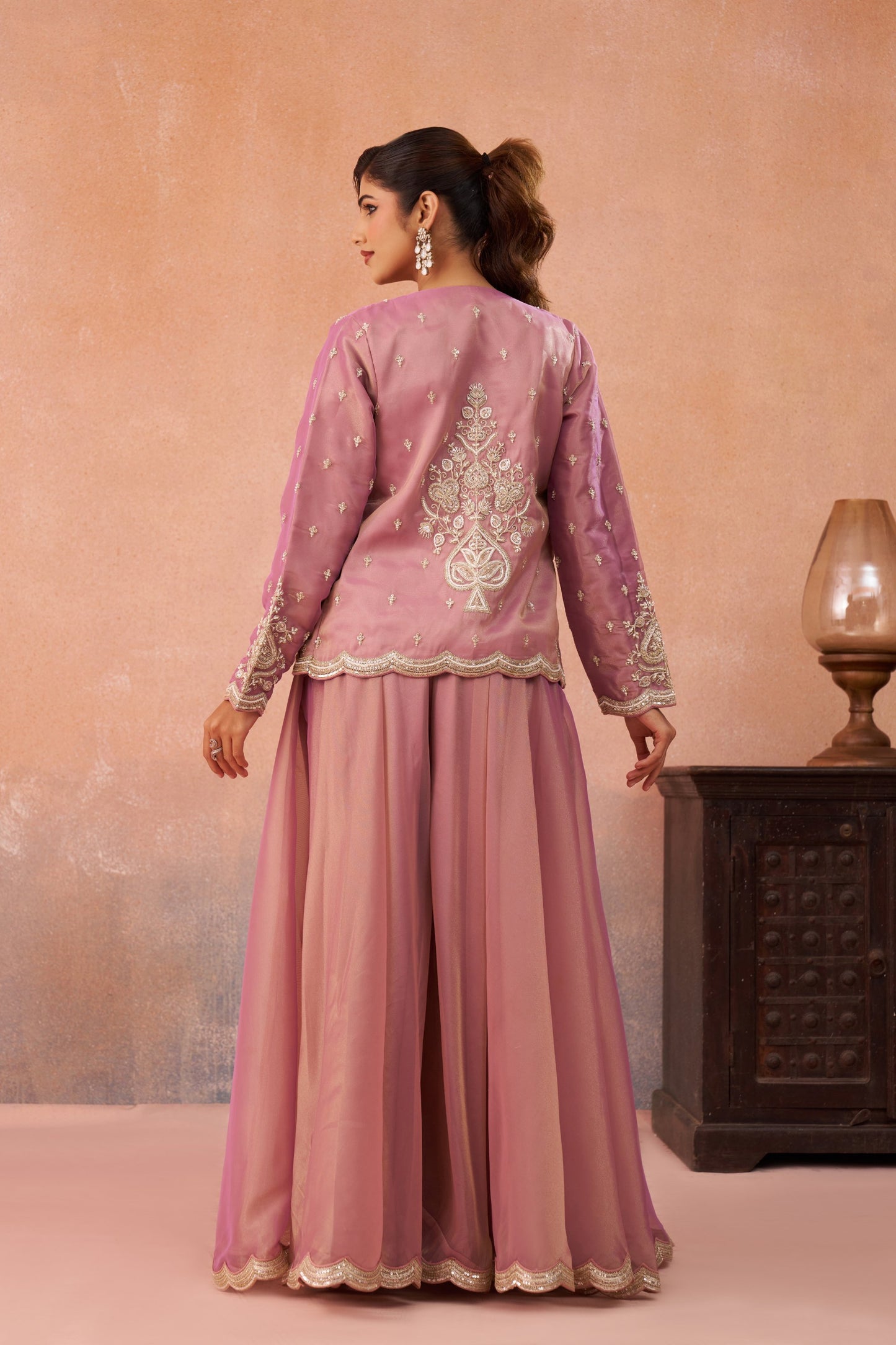 Pink Tissue Floral Embroidered Crop Top with Flared Palazzo Set for Sangeet