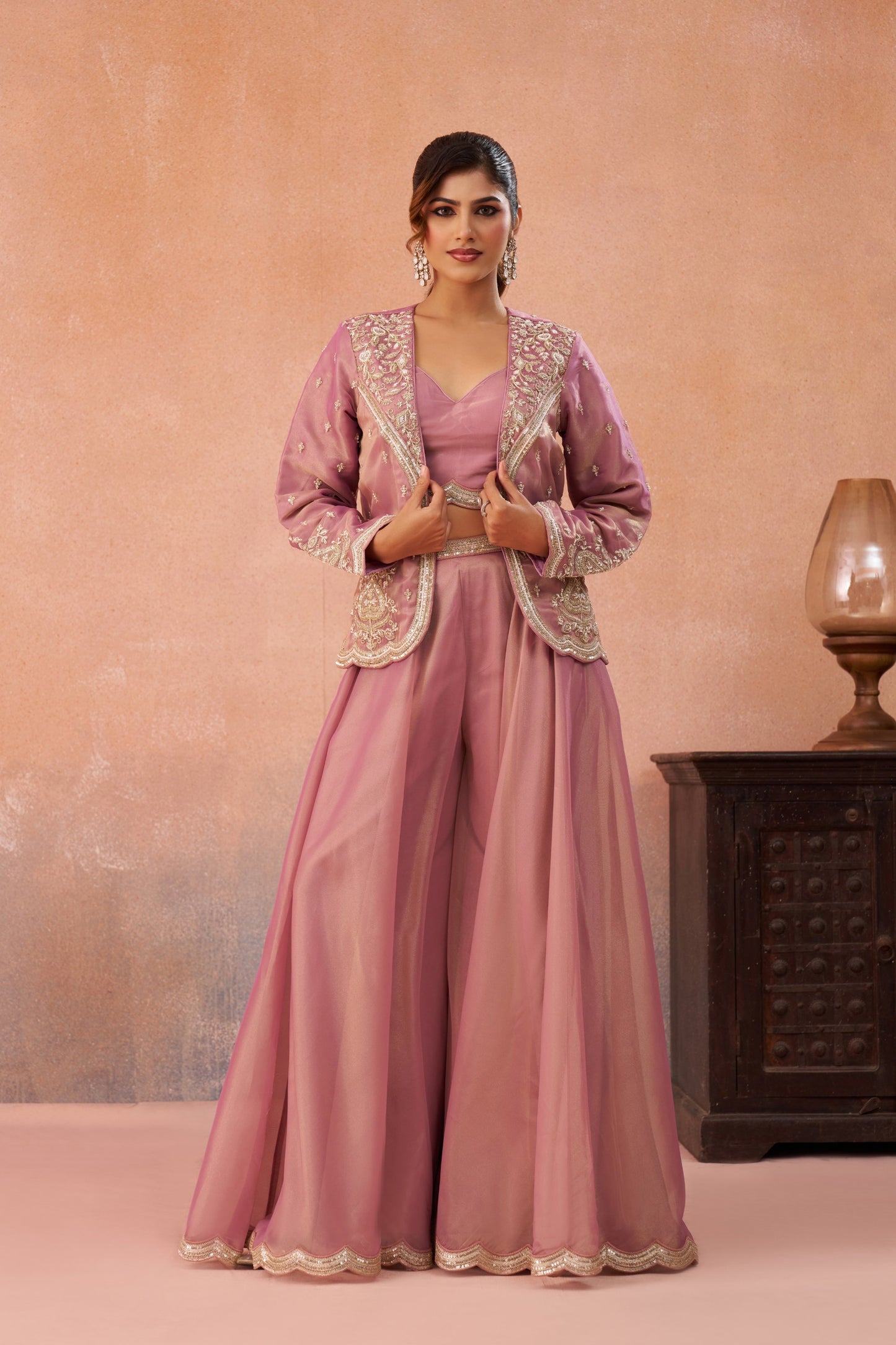 Pink Tissue Floral Embroidered Crop Top with Flared Palazzo Set for Sangeet