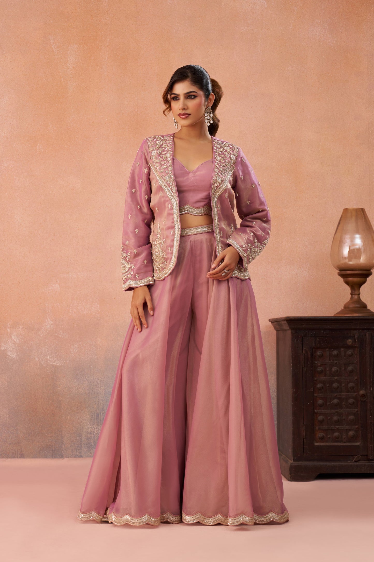 Pink Tissue Floral Embroidered Crop Top with Flared Palazzo Set for Sangeet