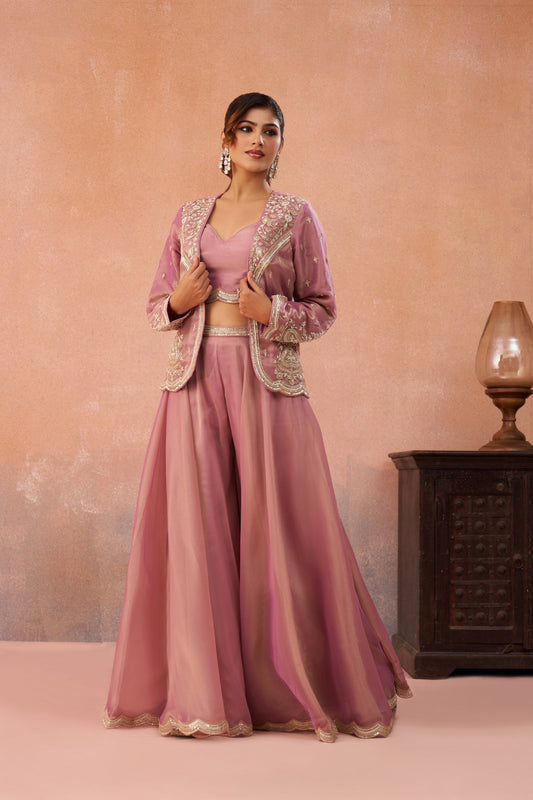 Pink Tissue Floral Embroidered Crop Top with Flared Palazzo Set for Sangeet