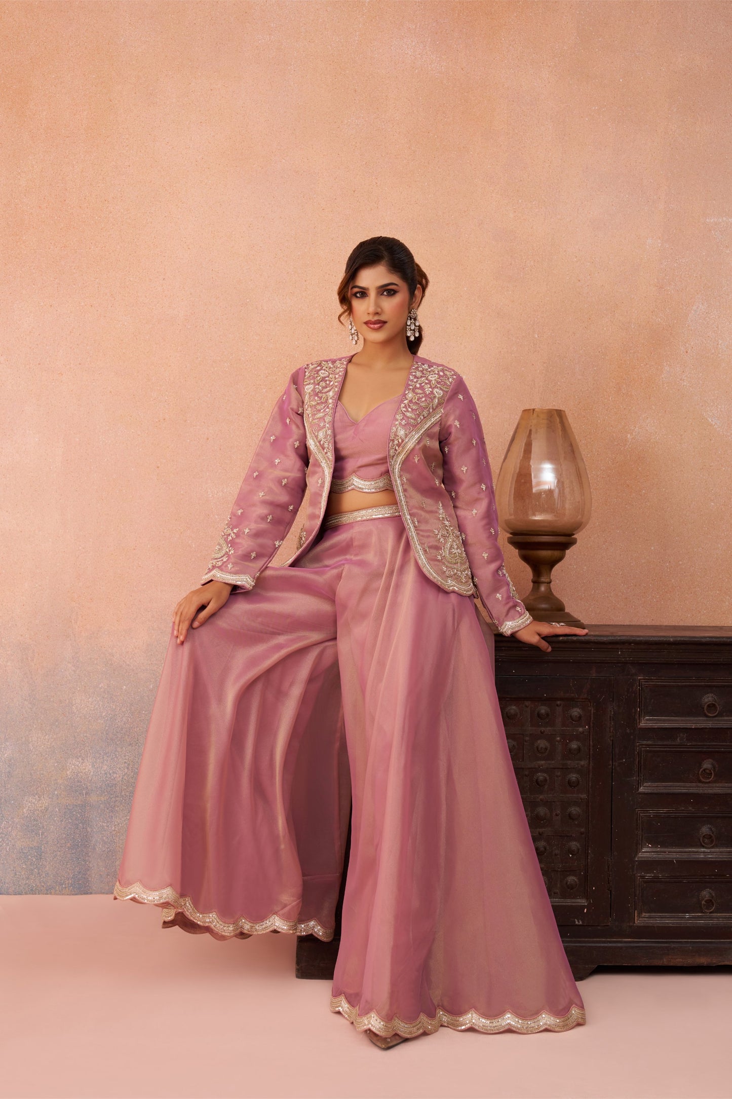 Pink Tissue Floral Embroidered Crop Top with Flared Palazzo Set for Sangeet