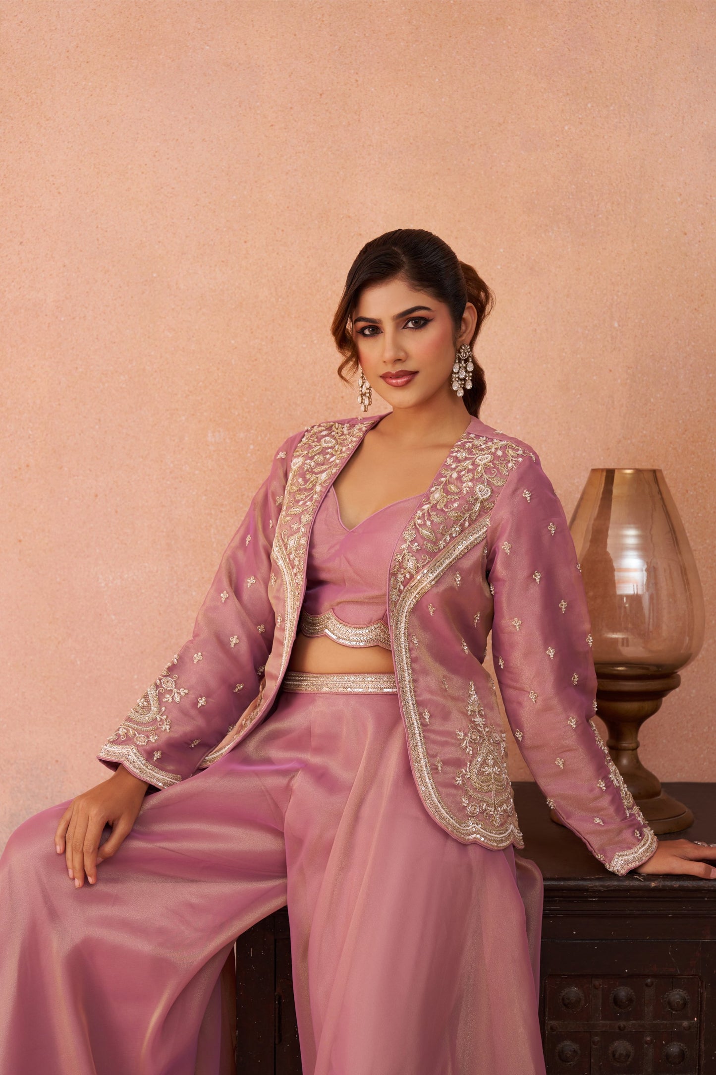 Pink Tissue Floral Embroidered Crop Top with Flared Palazzo Set for Sangeet