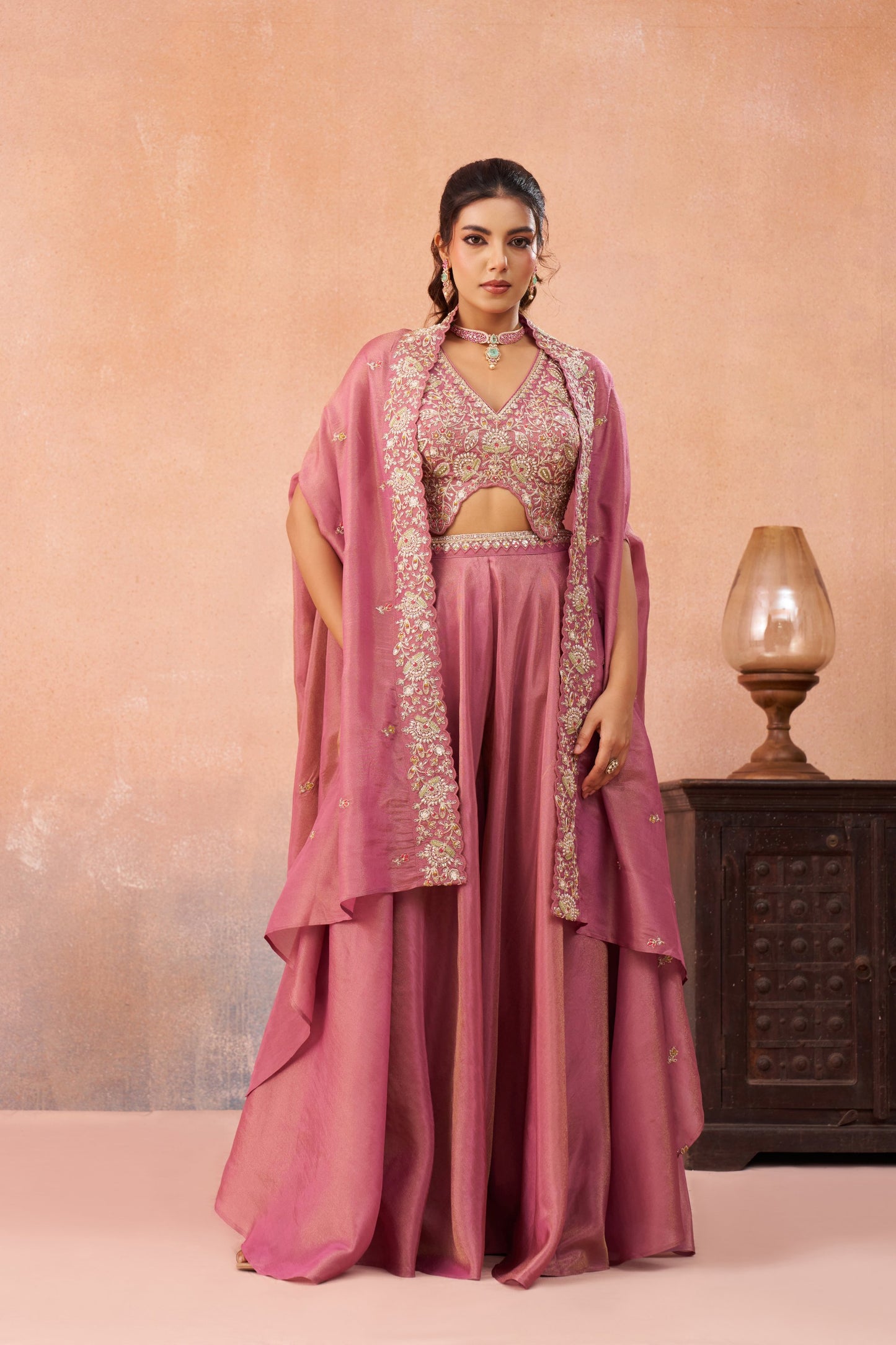 Pink Crepe Beads Embroidered Crop Top with Flared Palazzo Set