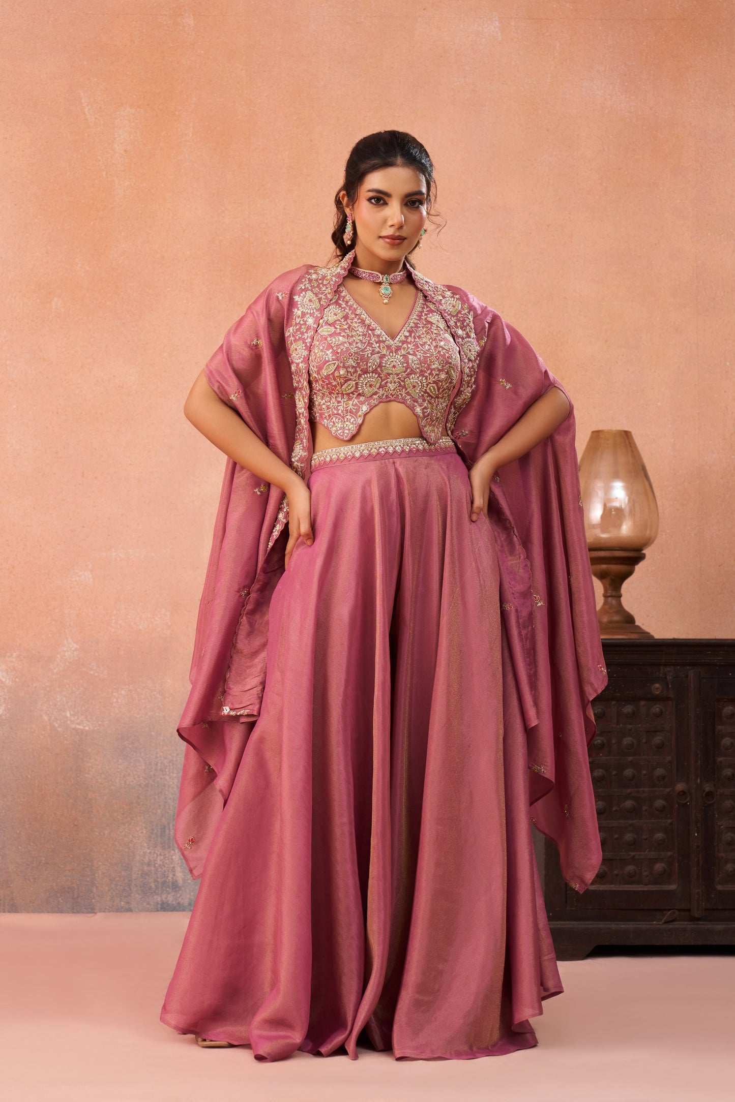 Pink Crepe Beads Embroidered Crop Top with Flared Palazzo Set
