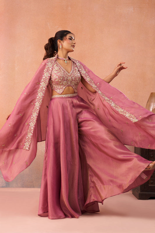 Pink Crepe Beads Embroidered Crop Top with Flared Palazzo Set
