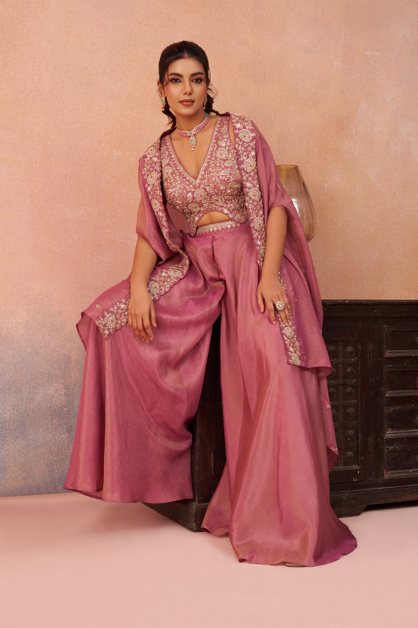 Pink Crepe Beads Embroidered Crop Top with Flared Palazzo Set