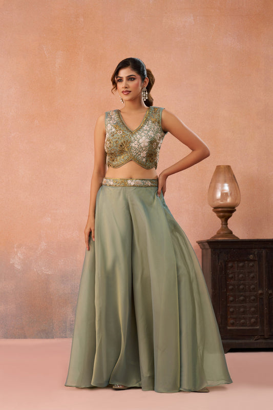 Pista Green Tissue Beads Embroidered Crop Top with Flared Palazzo Set for Mehendi