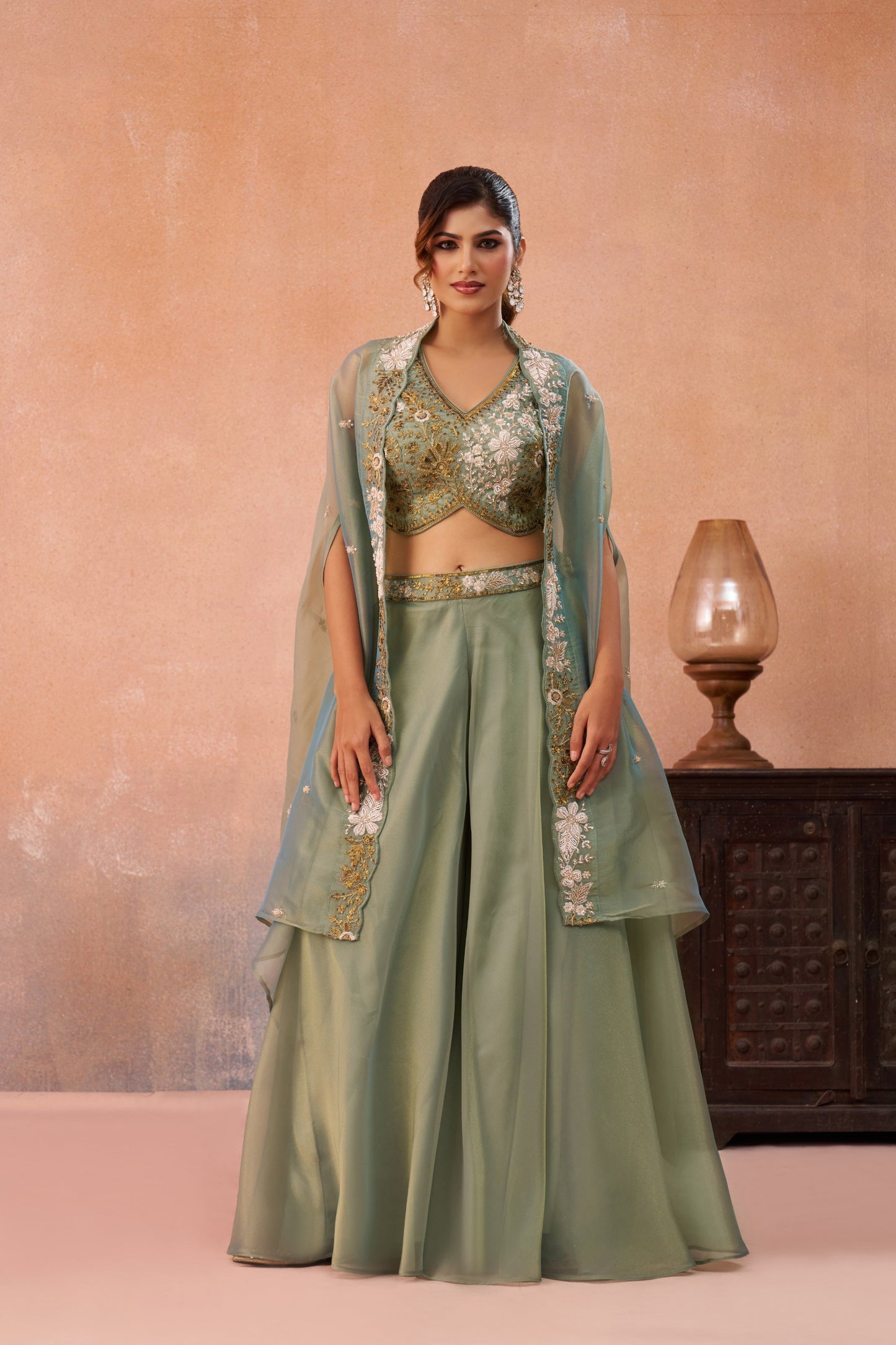 Pista Green Tissue Beads Embroidered Crop Top with Flared Palazzo Set for Mehendi