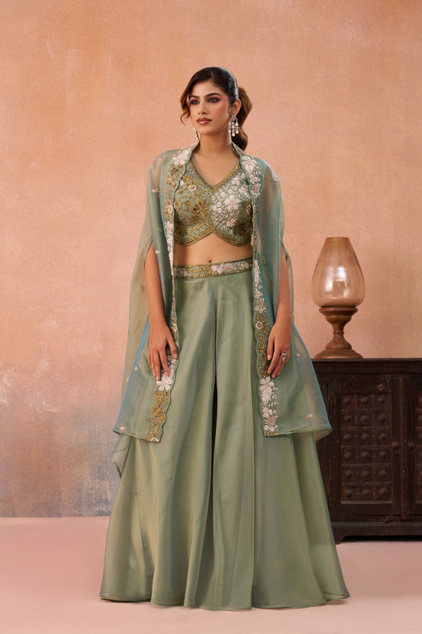 Pista Green Tissue Beads Embroidered Crop Top with Flared Palazzo Set for Mehendi