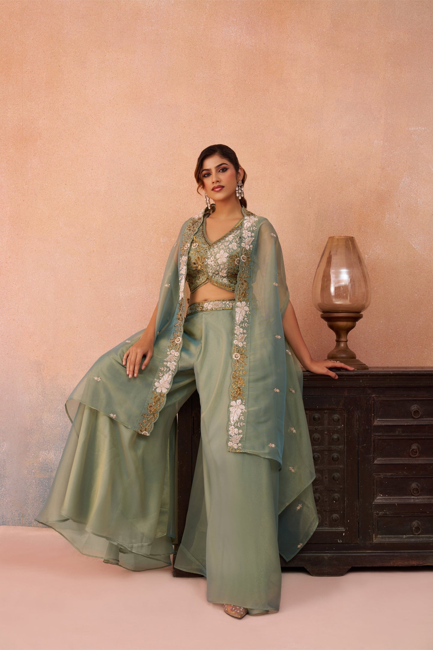 Pista Green Tissue Beads Embroidered Crop Top with Flared Palazzo Set for Mehendi