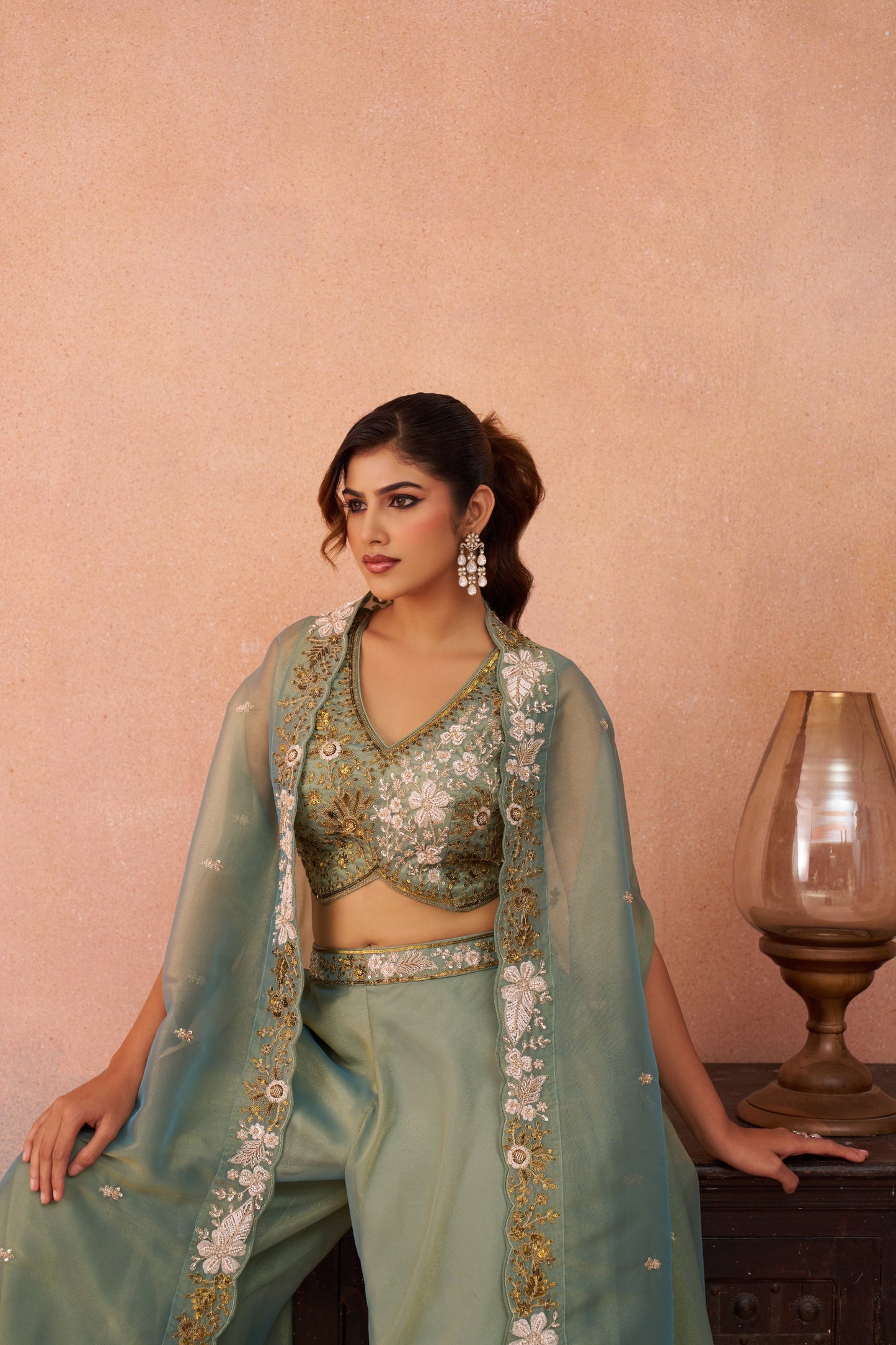 Pista Green Tissue Beads Embroidered Crop Top with Flared Palazzo Set for Mehendi
