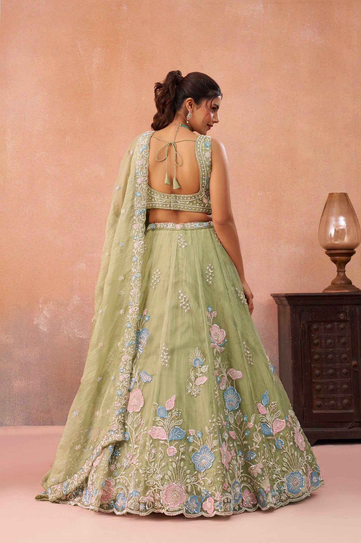 Lime Green Tissue Beads & Sequinned Floral Embroidered Bridal Lehenga for Mehendi