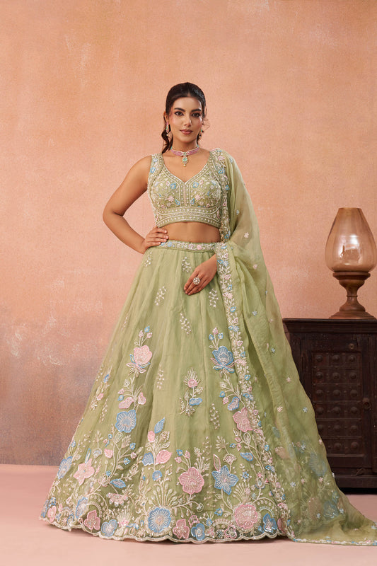 Lime Green Tissue Beads & Sequinned Floral Embroidered Bridal Lehenga for Mehendi