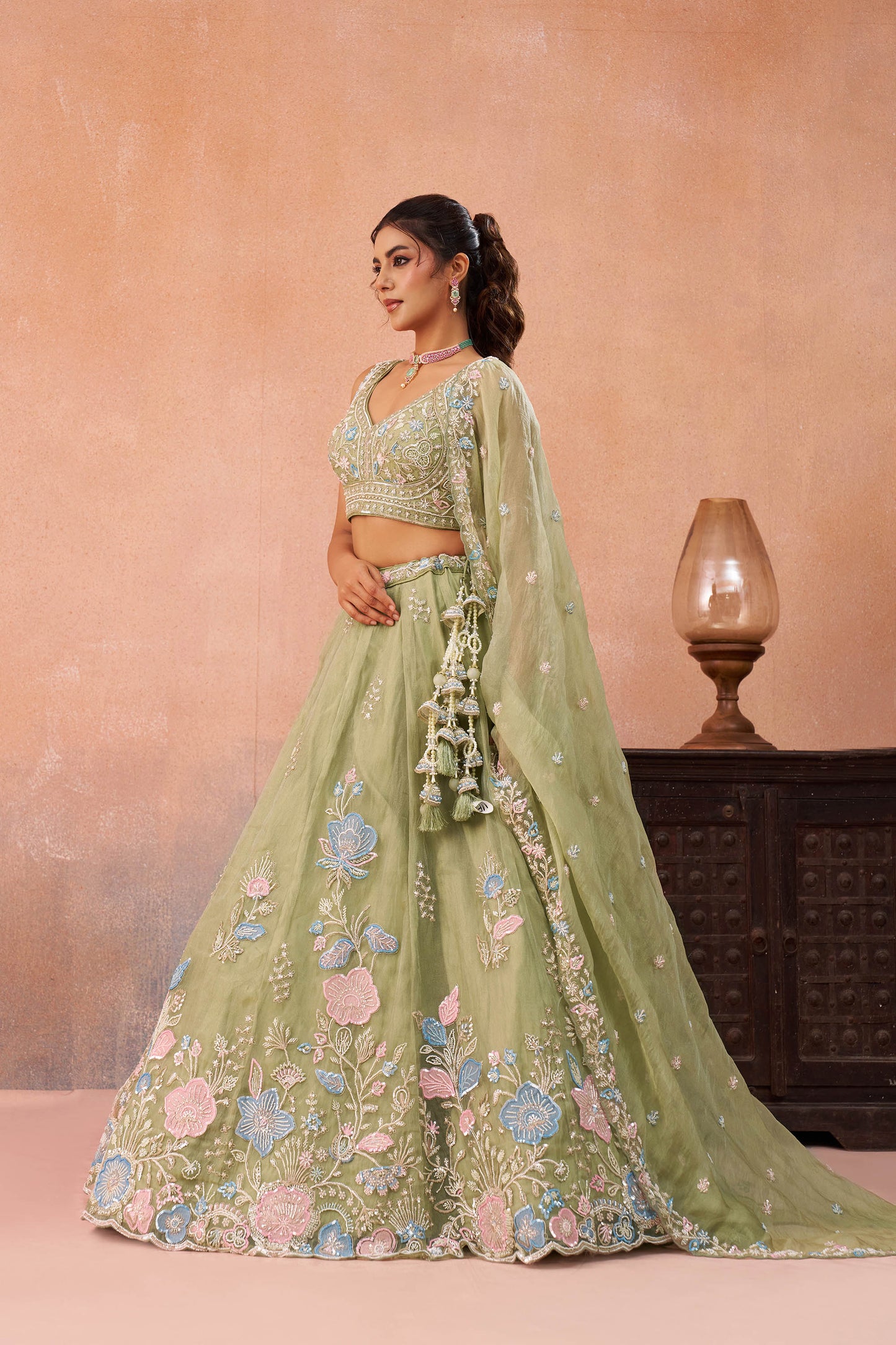 Lime Green Tissue Beads & Sequinned Floral Embroidered Bridal Lehenga for Mehendi