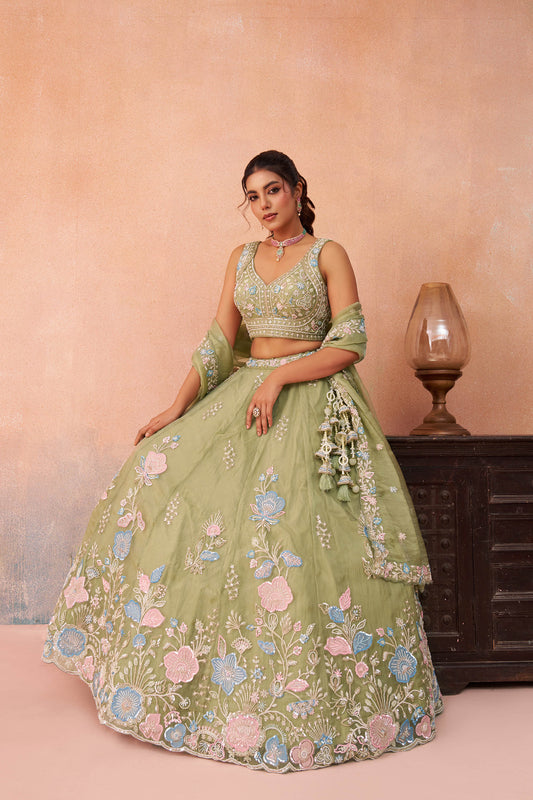 Lime Green Tissue Beads & Sequinned Floral Embroidered Bridal Lehenga for Mehendi