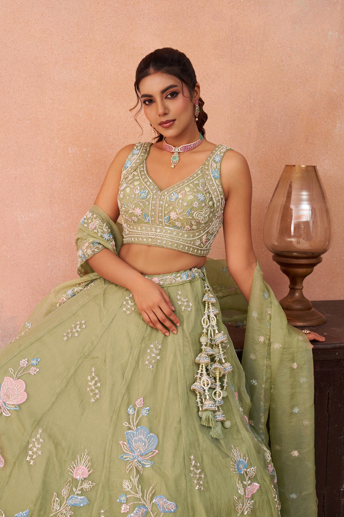 Lime Green Tissue Beads & Sequinned Floral Embroidered Bridal Lehenga for Mehendi