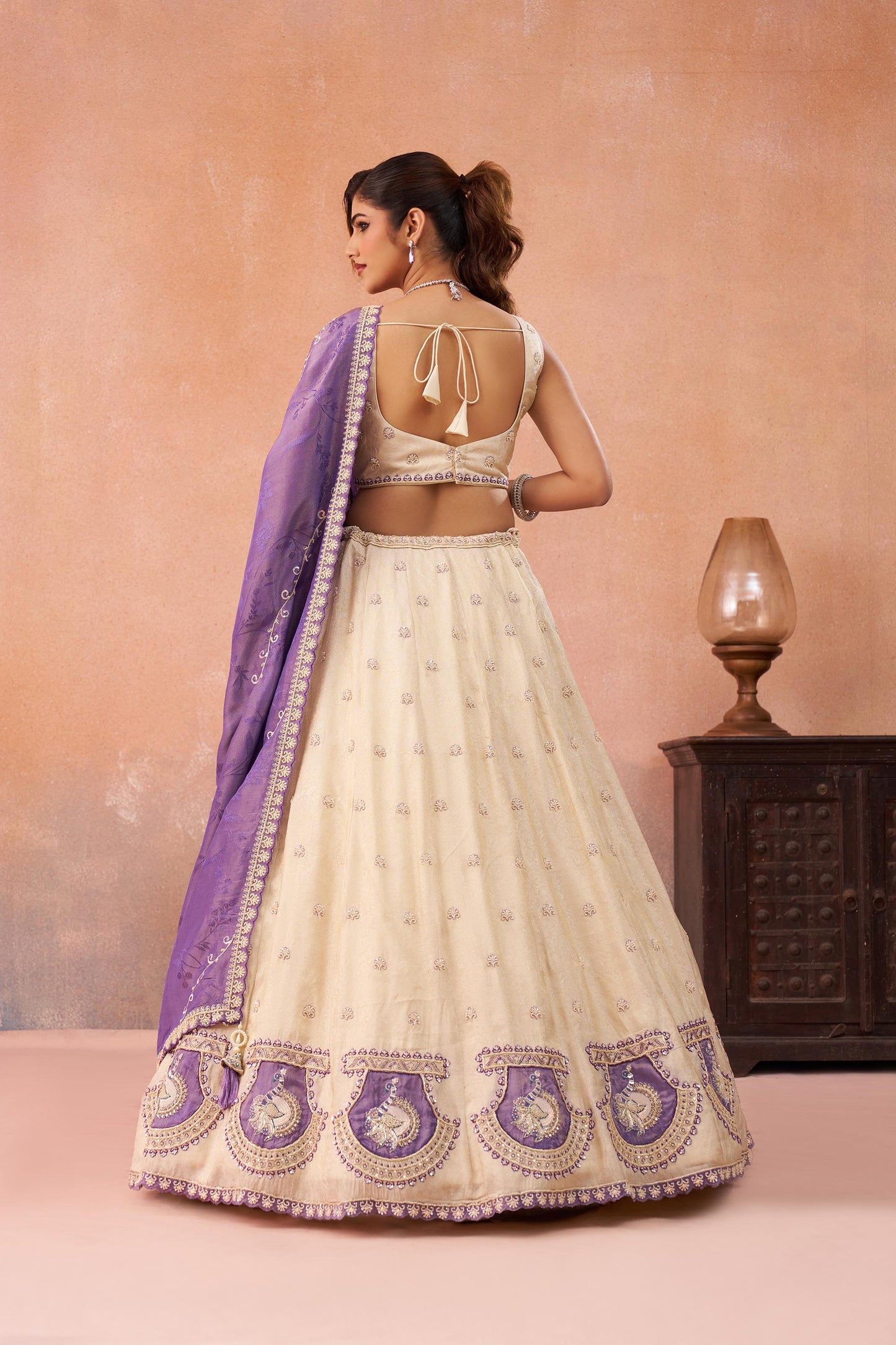 Cream & Purple Jacquard Heavy Beads with Sequins Embroidered Lehenga 