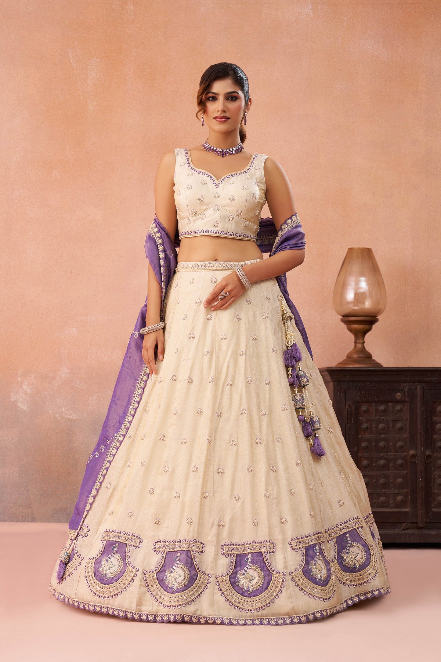 Cream & Purple Jacquard Heavy Beads with Sequins Embroidered Lehenga 