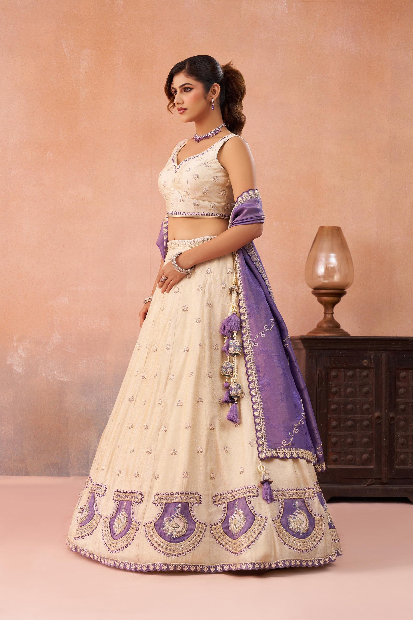 Cream & Purple Jacquard Heavy Beads with Sequins Embroidered Lehenga 