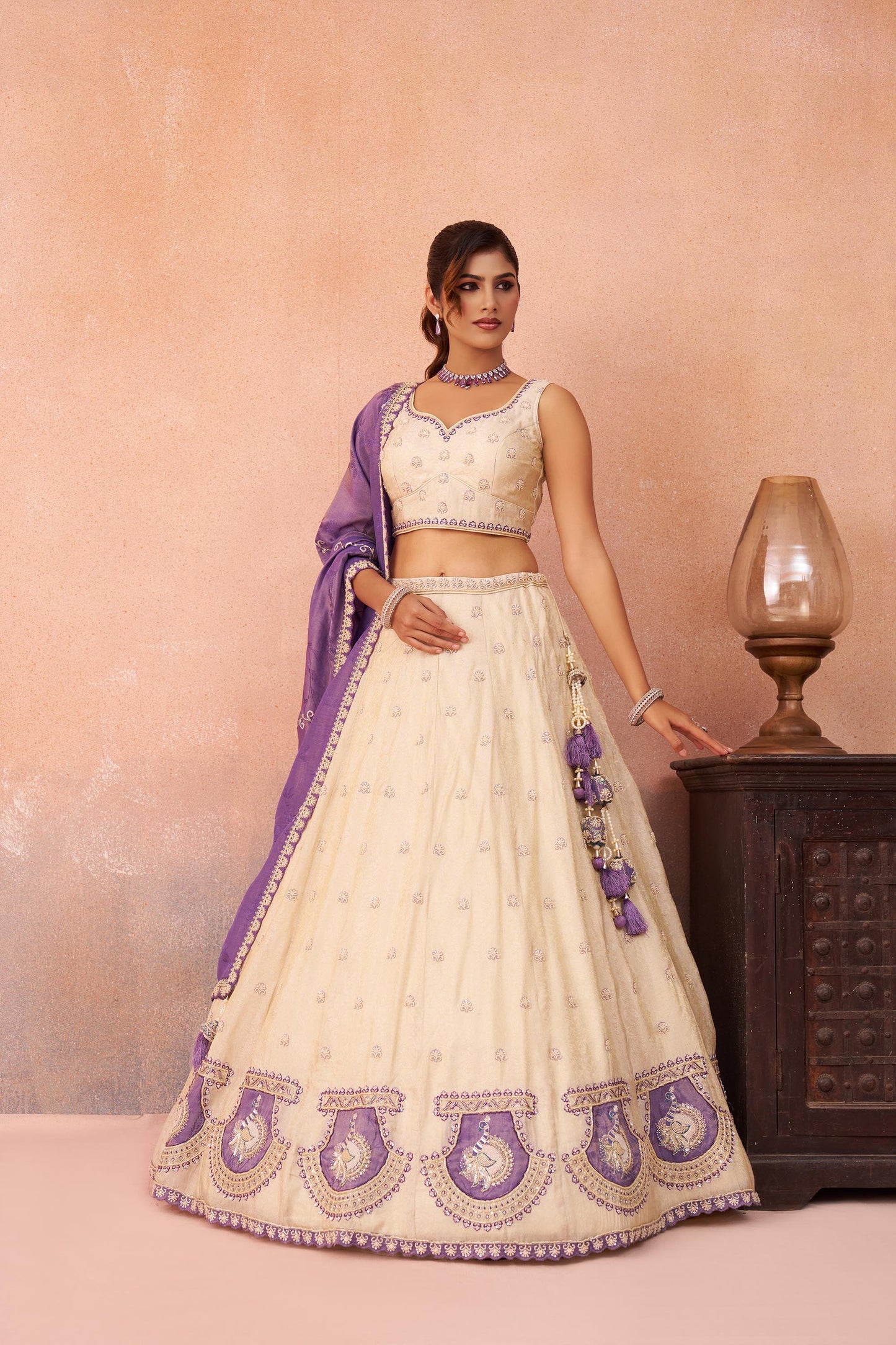 Cream & Purple Jacquard Heavy Beads with Sequins Embroidered Lehenga 