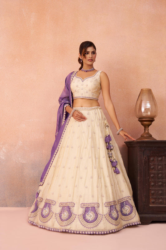 Cream & Purple Jacquard Heavy Beads with Sequins Embroidered Lehenga 