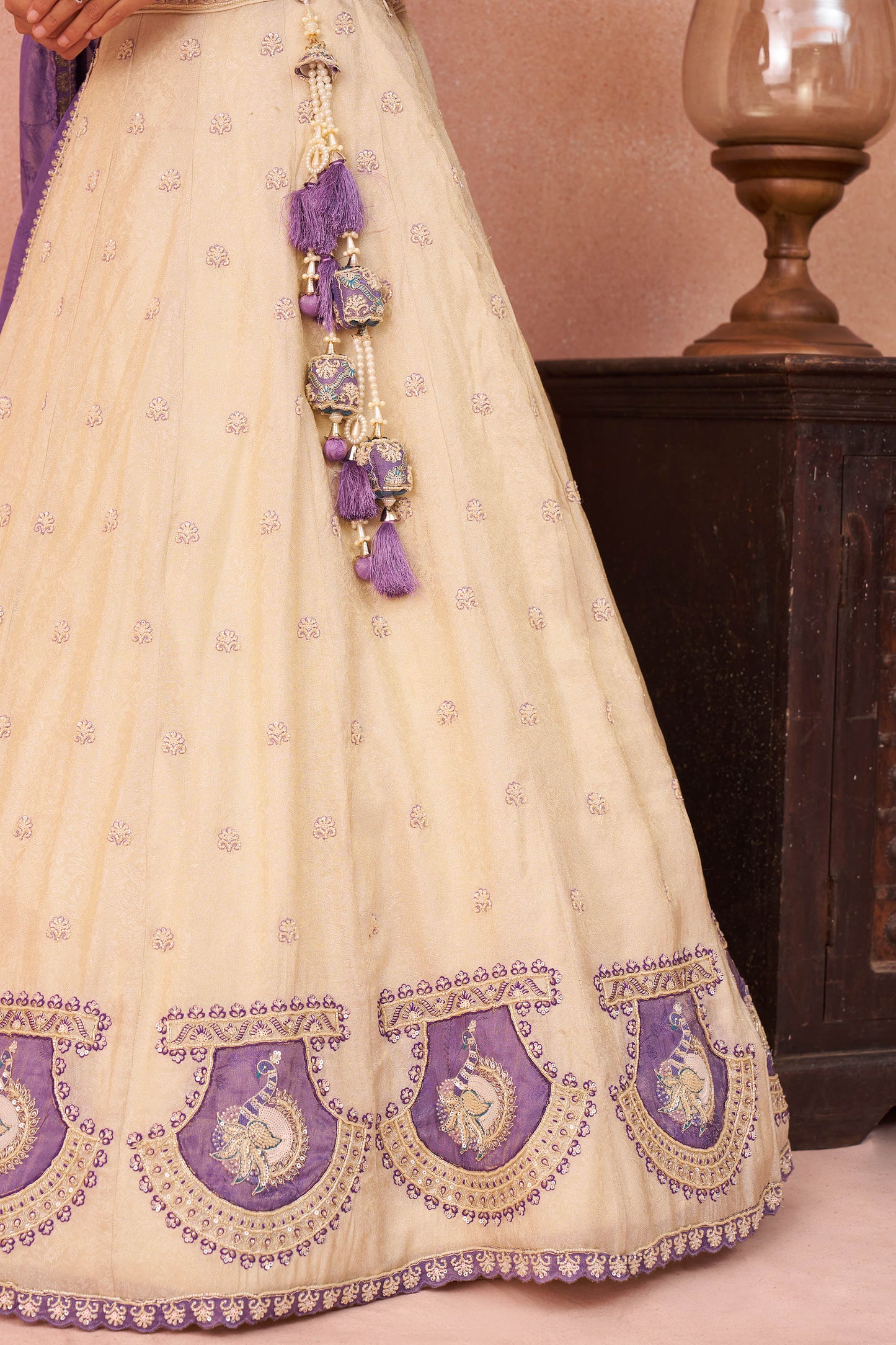 Cream & Purple Jacquard Heavy Beads with Sequins Embroidered Lehenga 