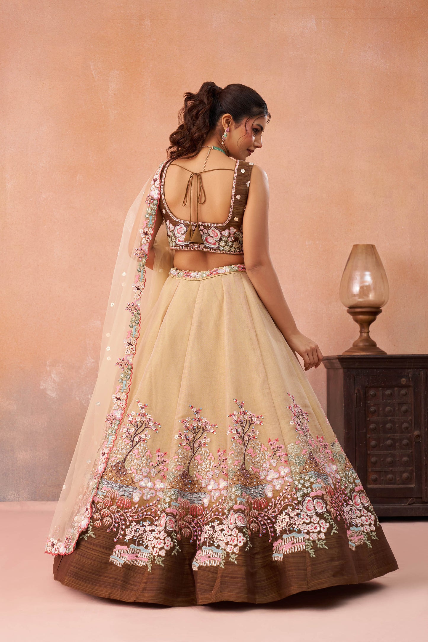 Omber Brown Net Sequins Embroidered Bridesmaid Lehenga choli