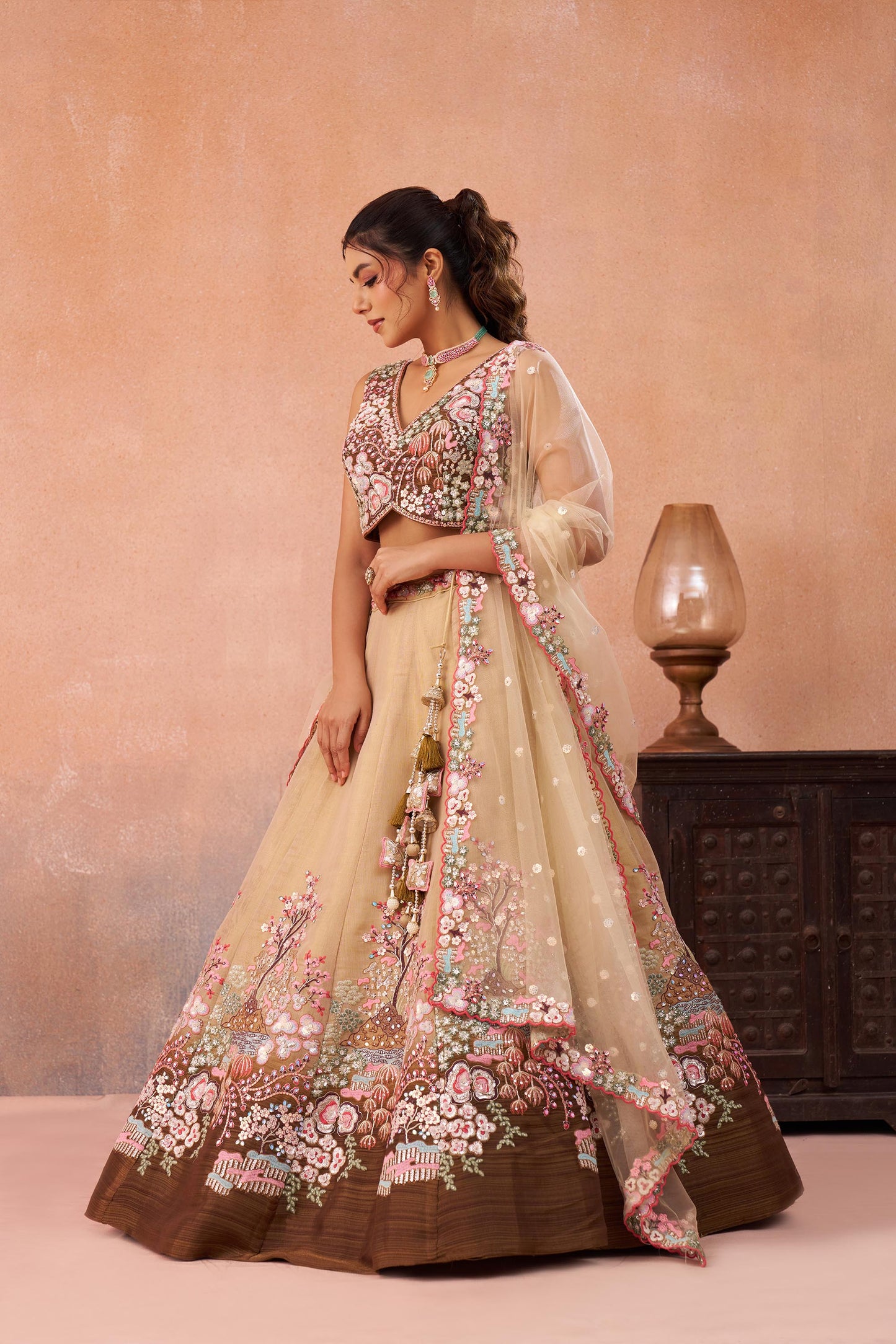 Omber Brown Net Sequins Embroidered Bridesmaid Lehenga choli