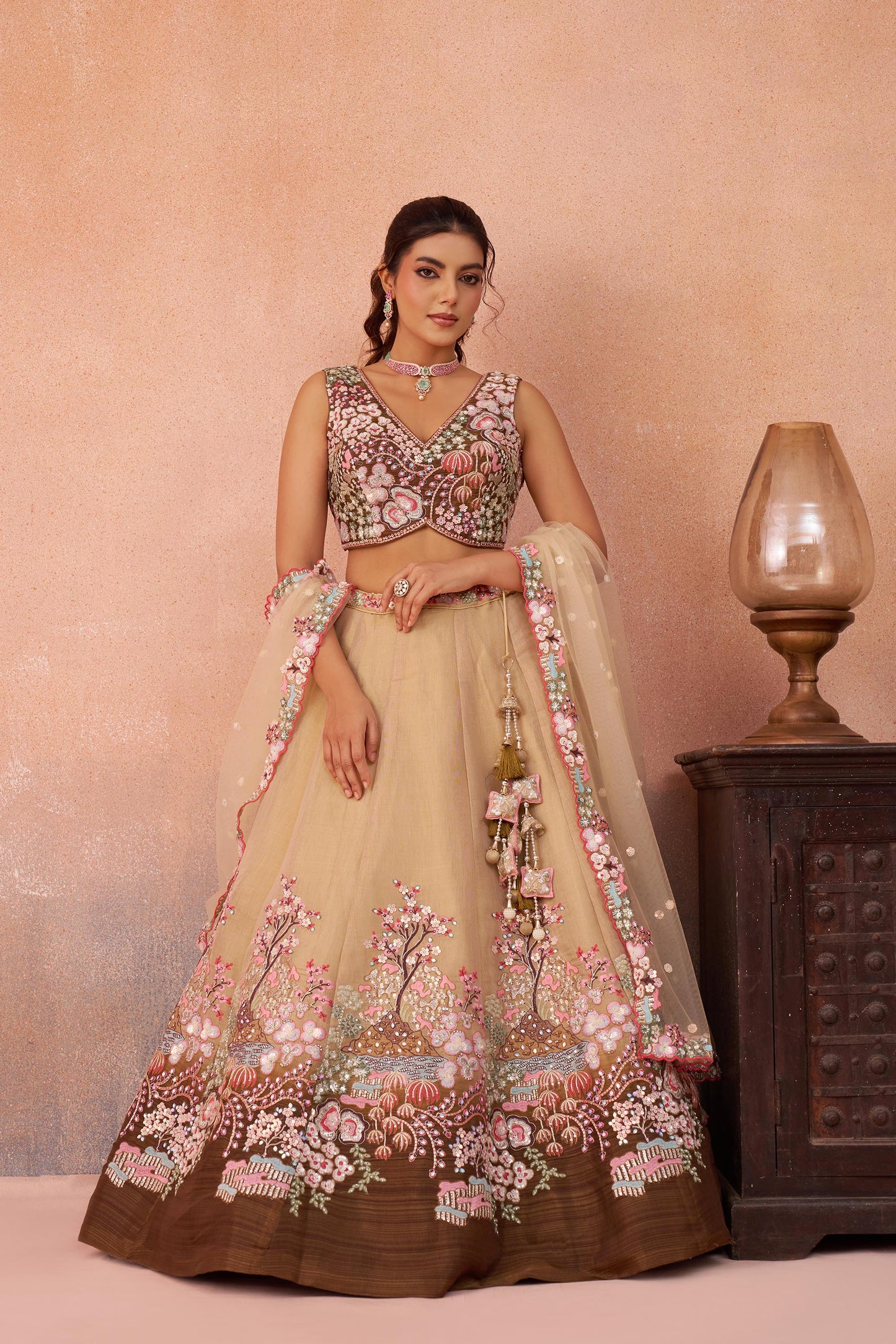 Omber Brown Net Sequins Embroidered Bridesmaid Lehenga choli