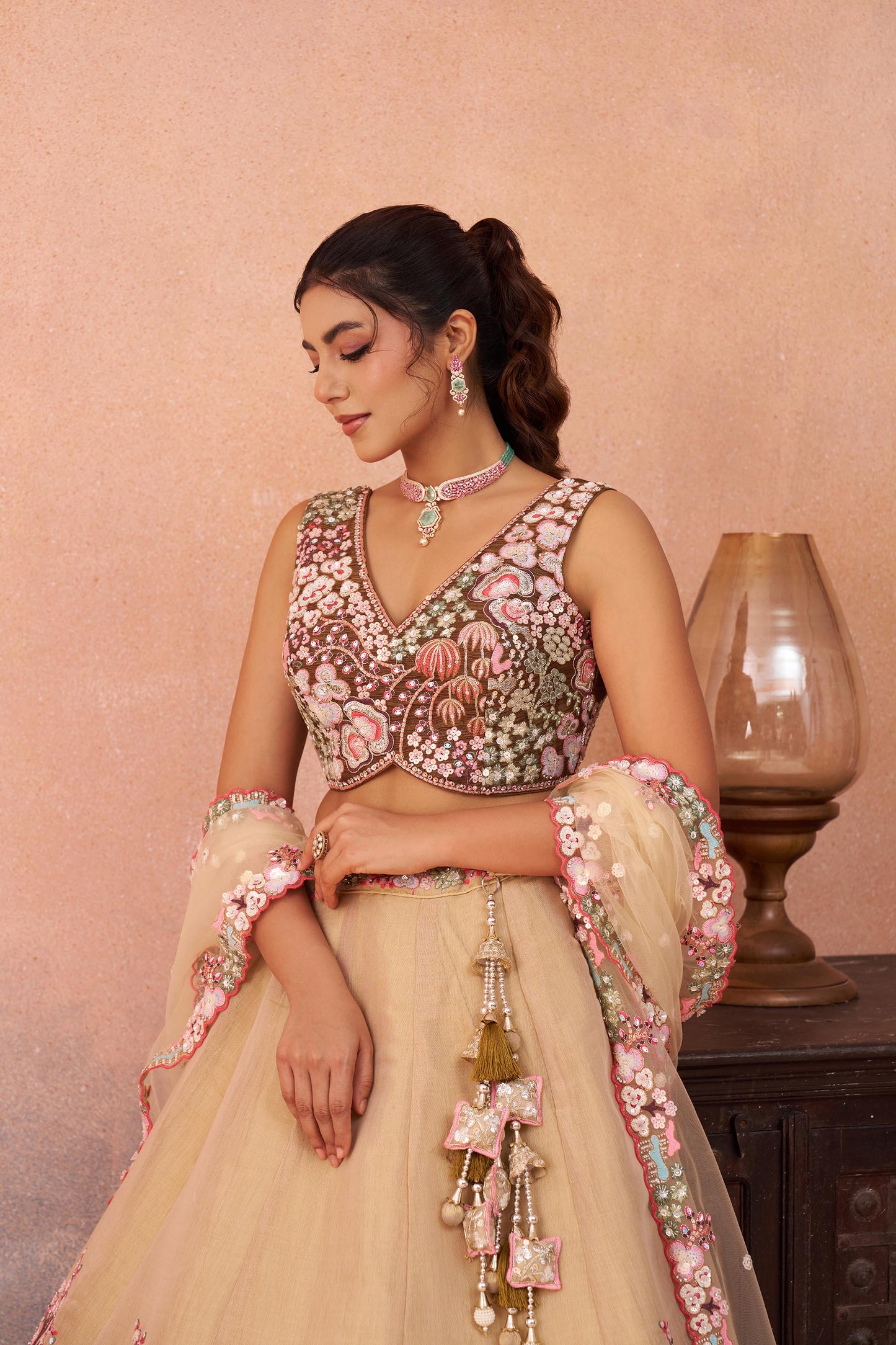 Omber Brown Net Sequins Embroidered Bridesmaid Lehenga choli